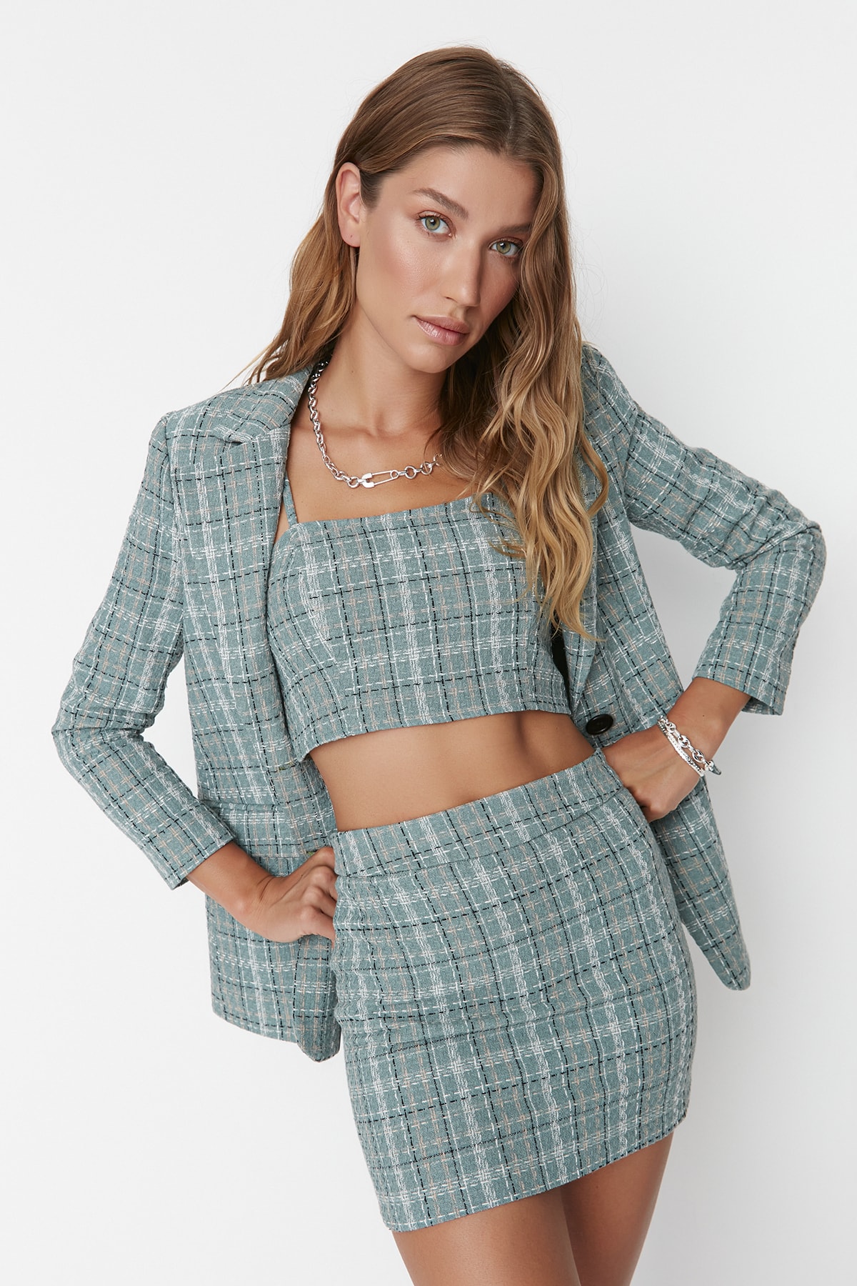 Trendyol Mint Mini Weave Tweed Checkered Skirt