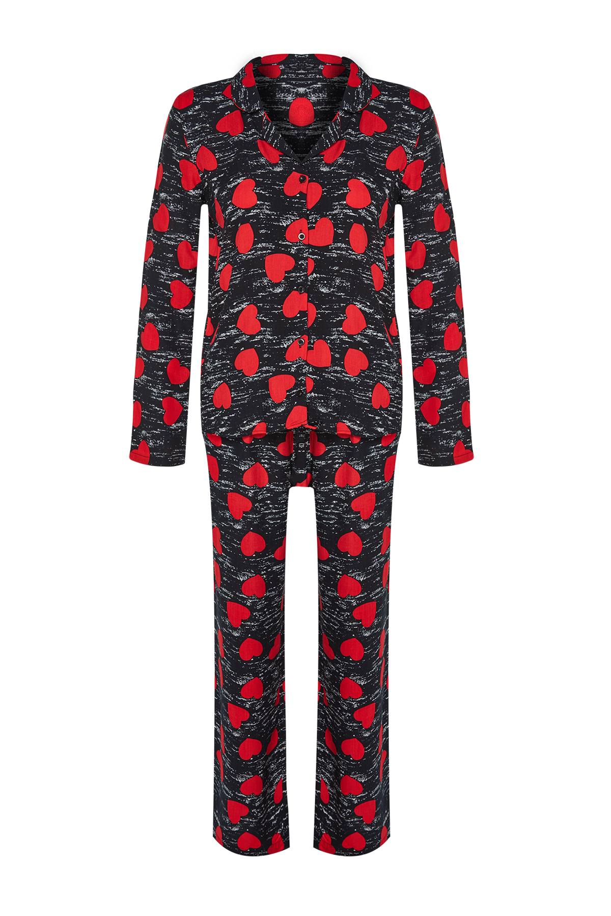 Trendyol Black Heart Viscose Shirt-Pants Woven Pajamas Set