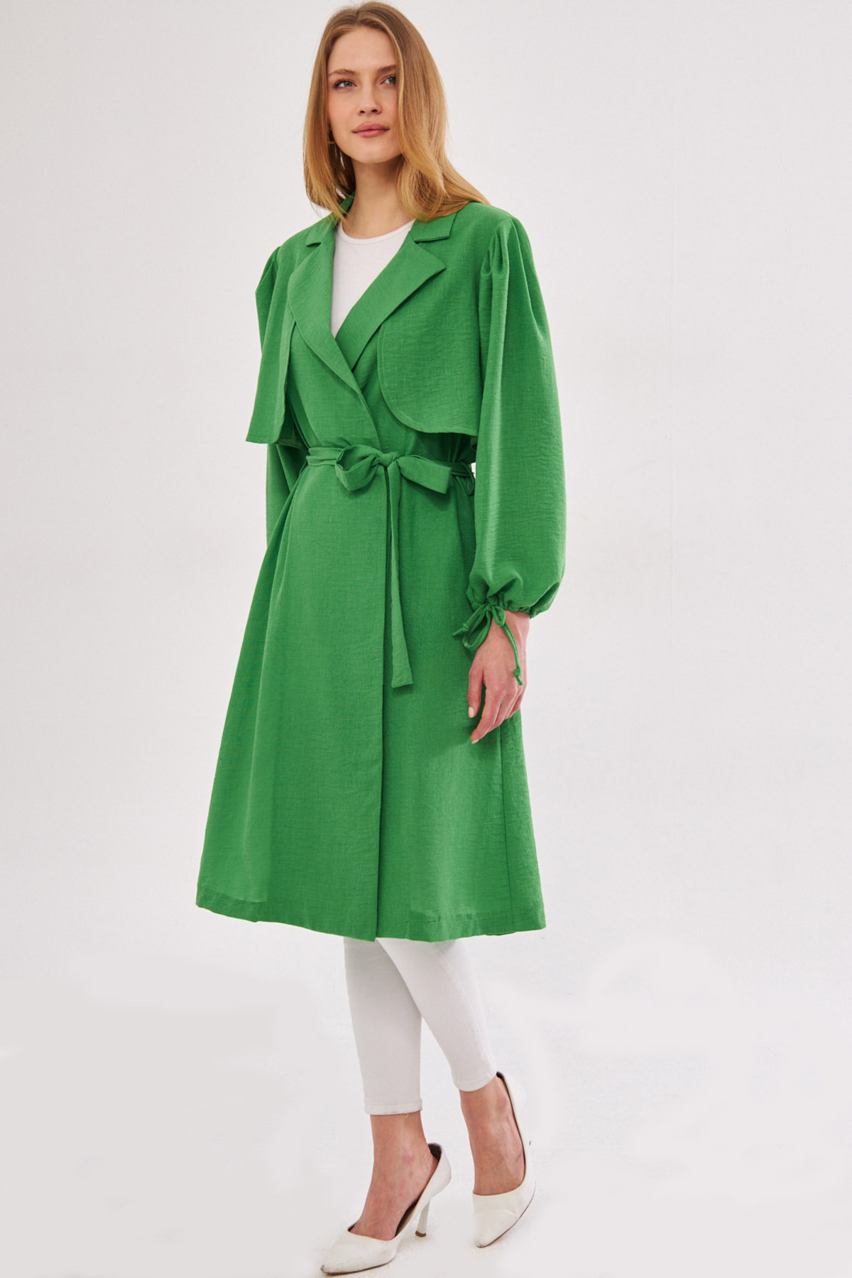 Levně armonika Women's Green Ennea Trench Coat Sleeves Pleated Belted Cuff Laced Detail