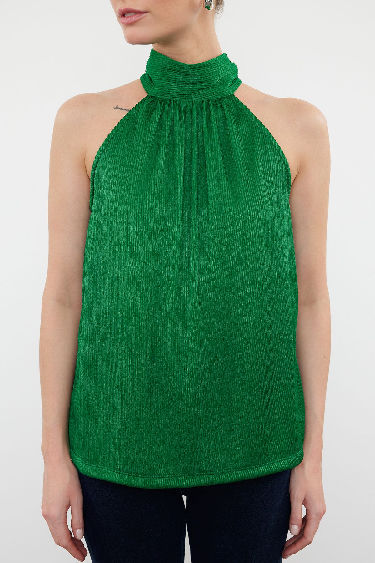 Trendyol Green High Collar Regular Fit Pleated Knitted Blouse