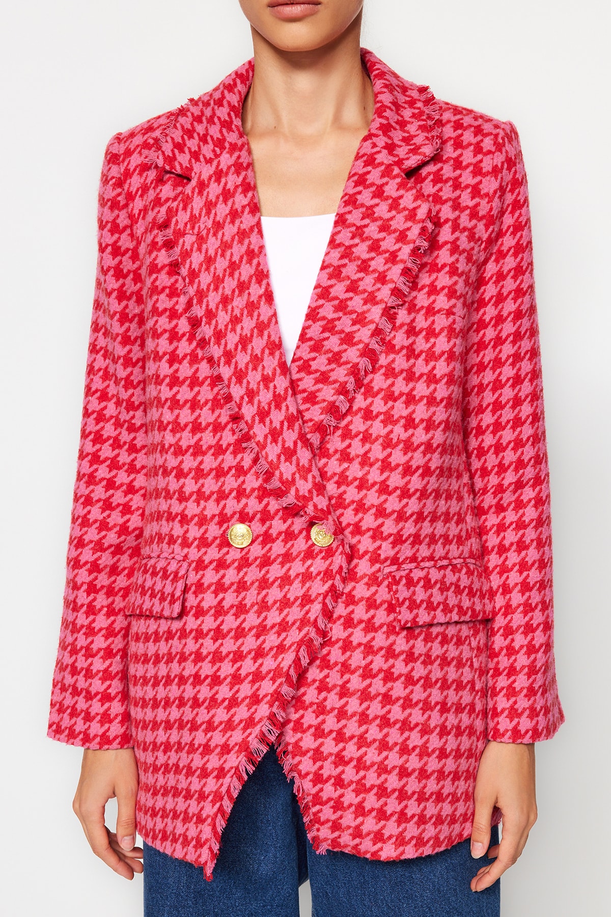 Trendyol Fuchsia Tweed Regular Lined Double Breasted Closure Woven Houndstooth Blazer Jacket