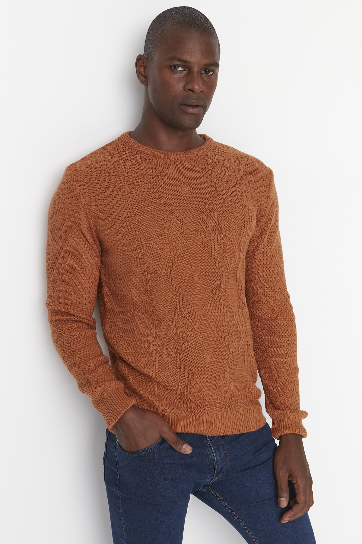 Trendyol Camel Slim Fit Crew Neck Patterned Knitwear Sweater