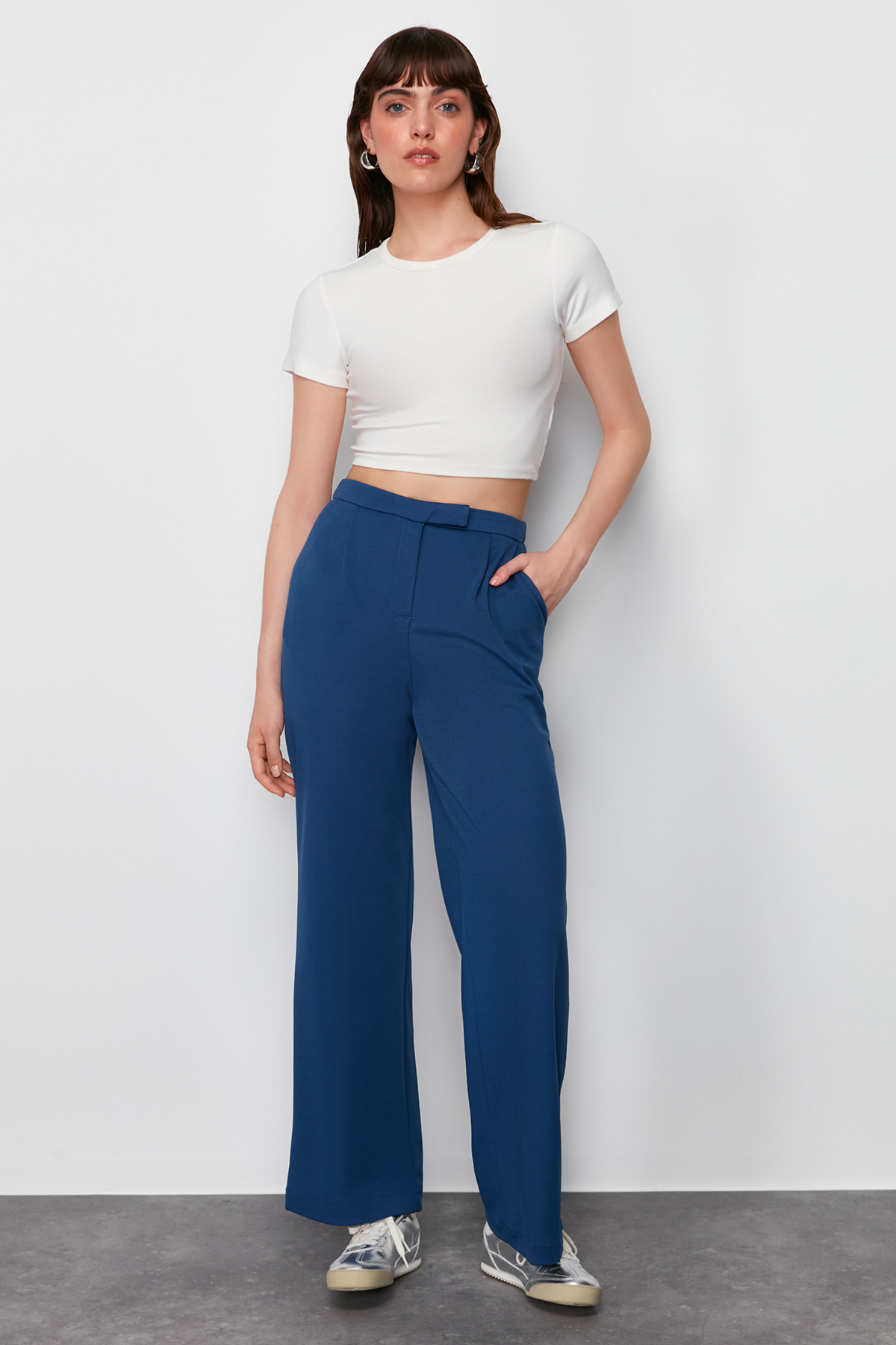 Trendyol Navy Blue Velcro Closure Detailed Straight/Straight Cut Woven Trousers