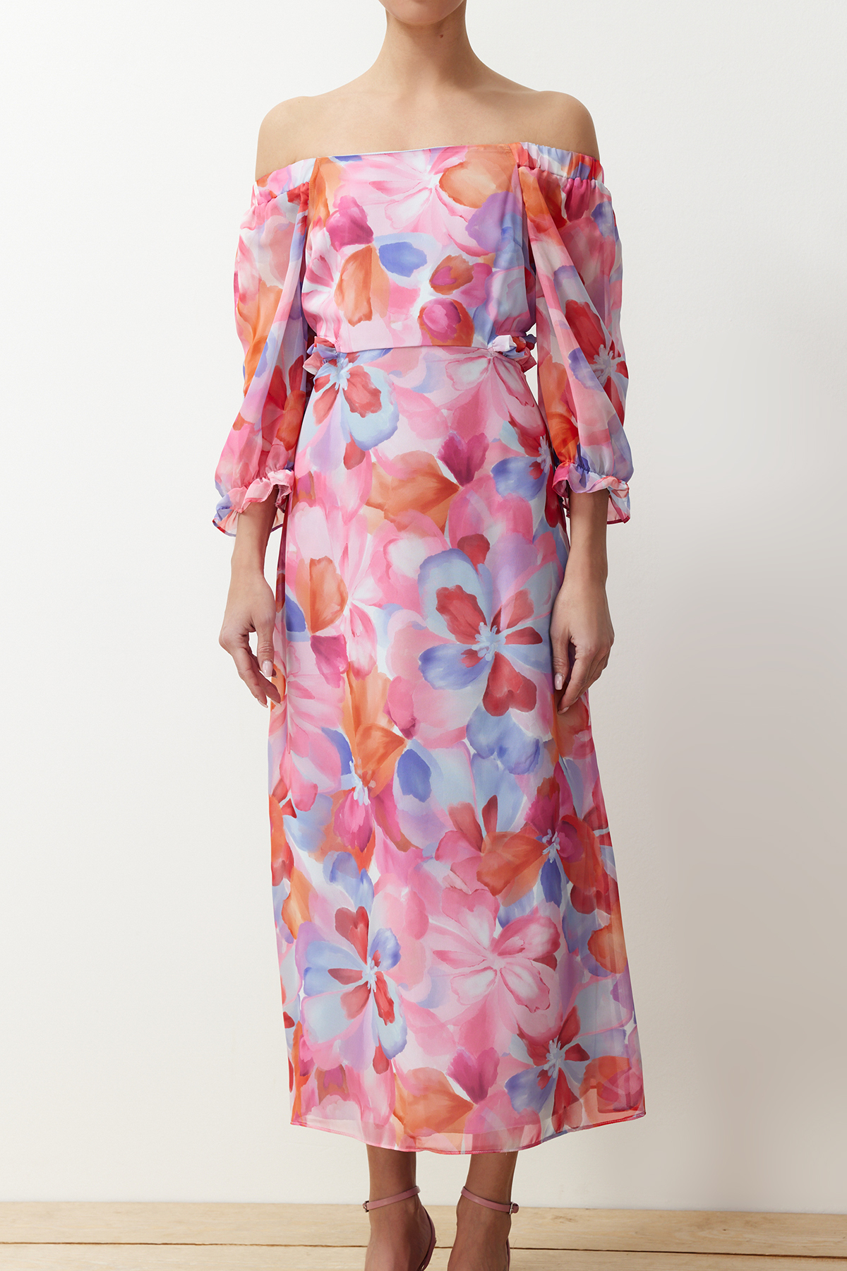 Trendyol Pink Floral Patterned A-Line Madonna Collar Chiffon Lined Maxi Woven Dress