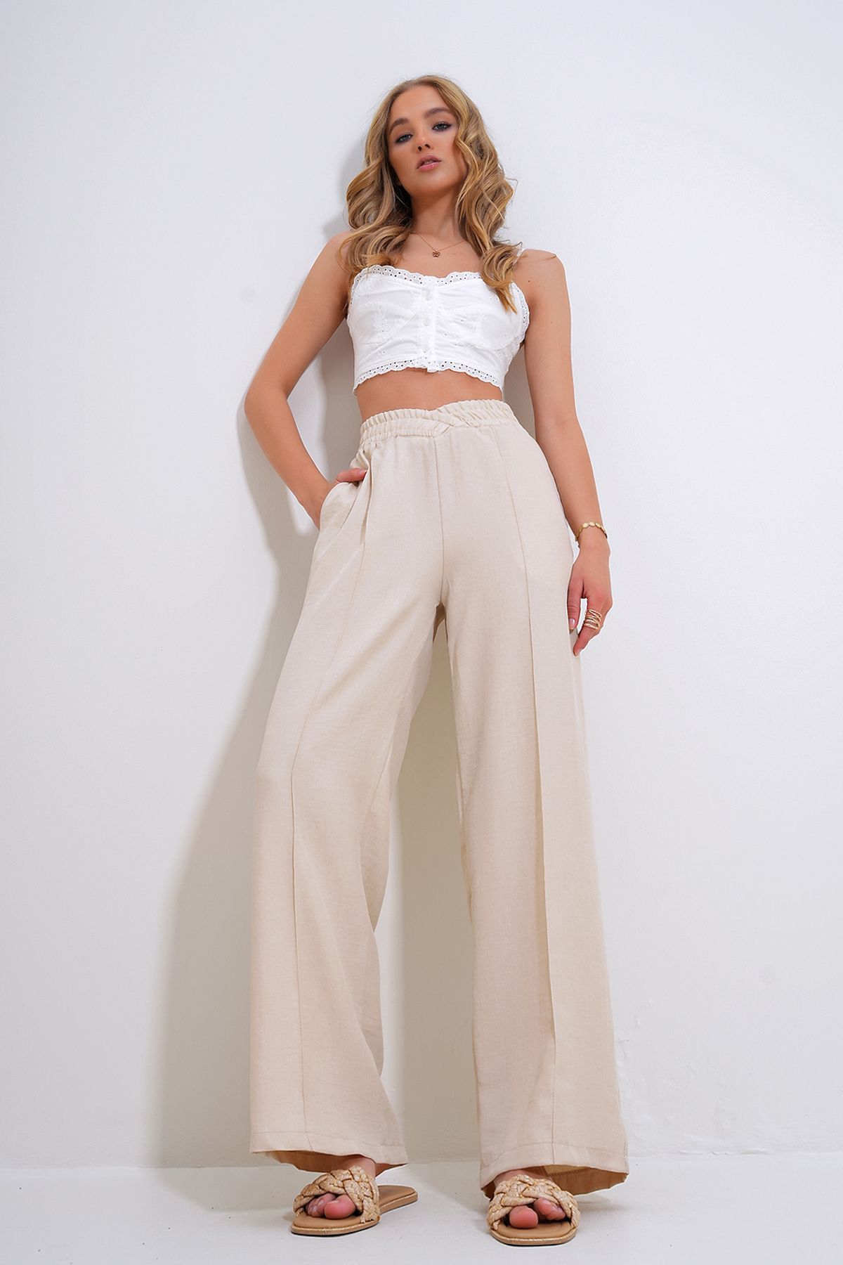 Trend Alaçatı Stili Women's Stone Double Breasted Elastic Waist Palazzo Trousers