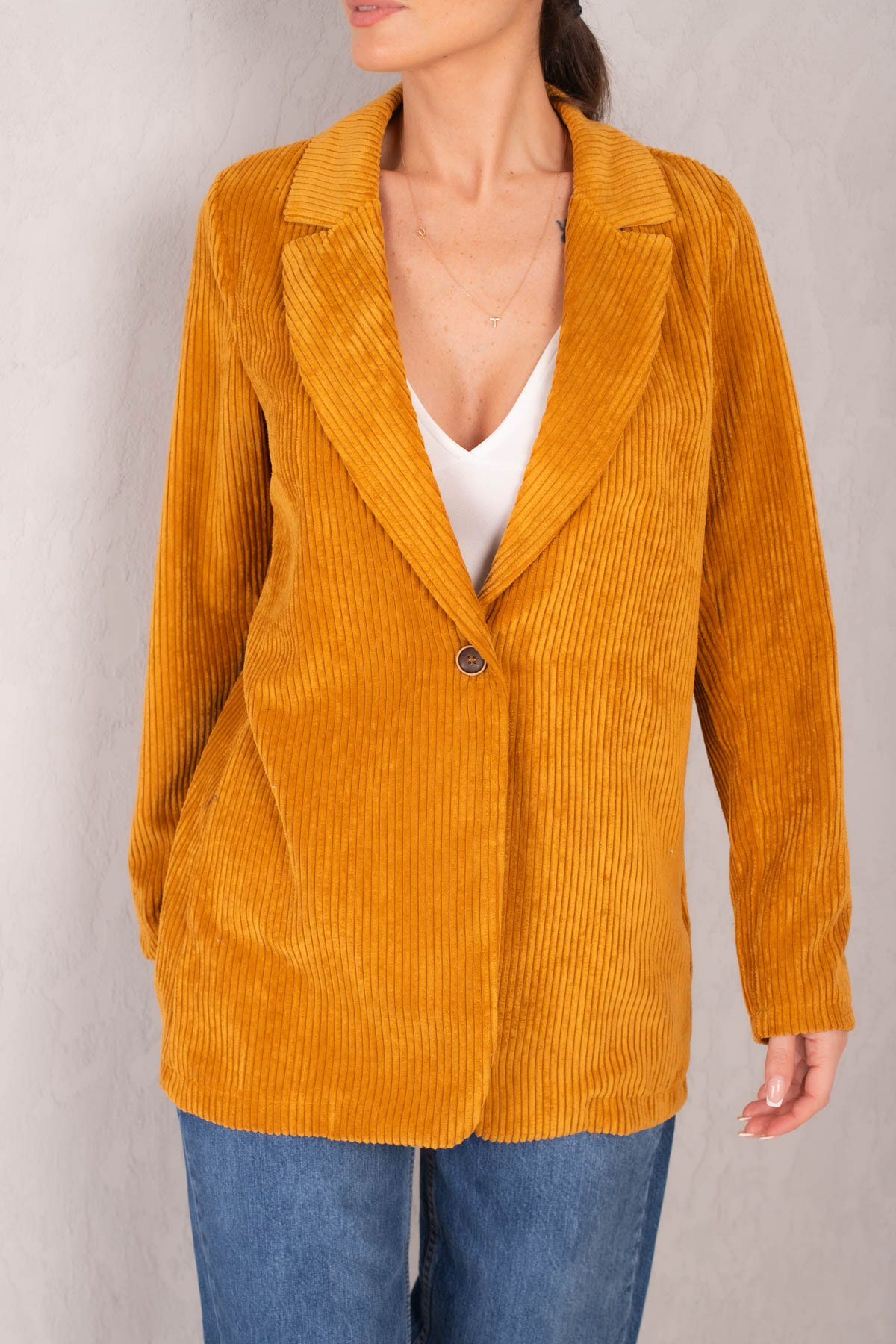 Levně armonika Women's Mustard Single Button Velvet Jacket