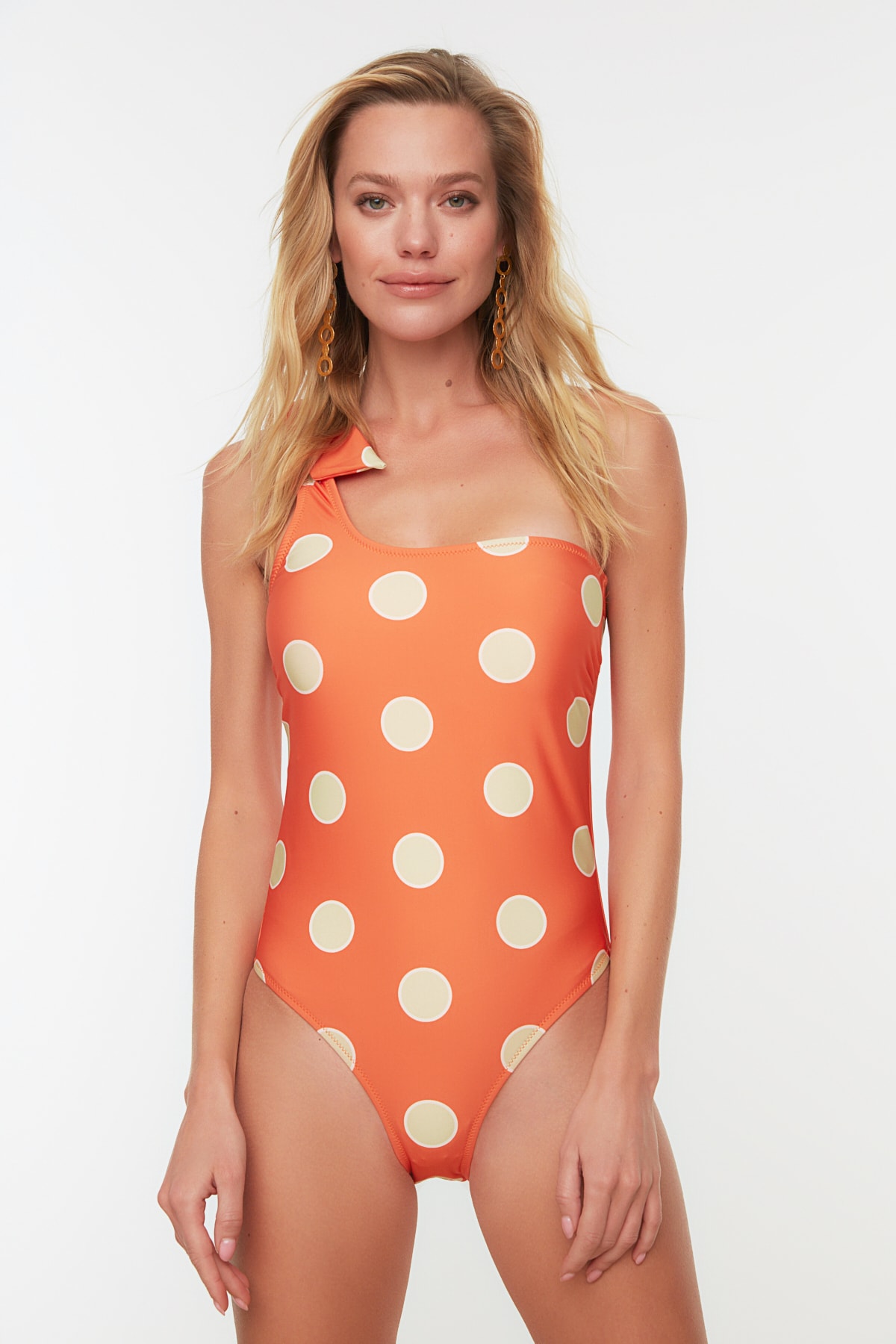 Levně Trendyol Orange Polka Dot vzorované plavky na jedno rameno