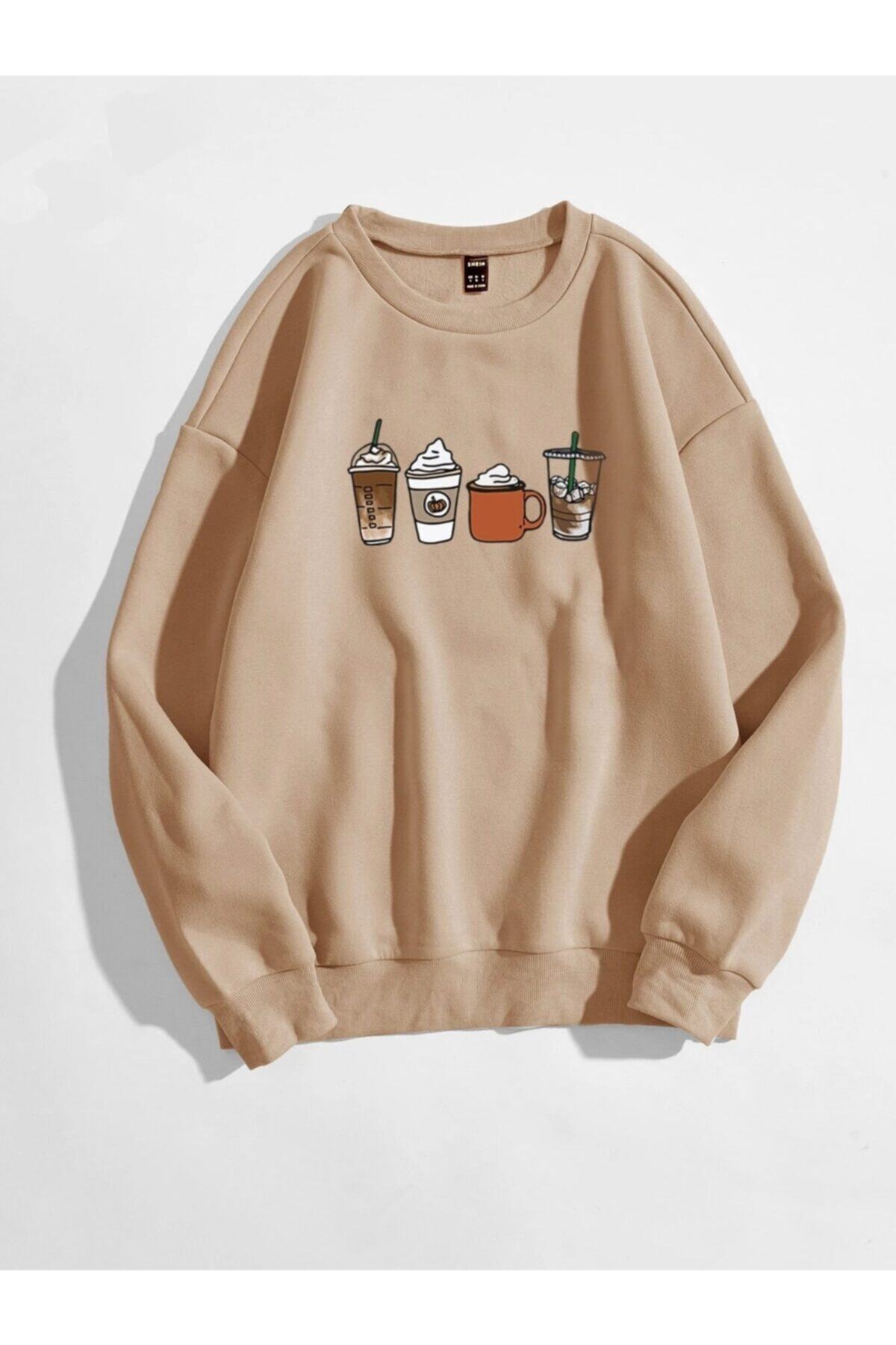 Levně Know Women's Mink Oversize Coffee Printed Sweatshirt