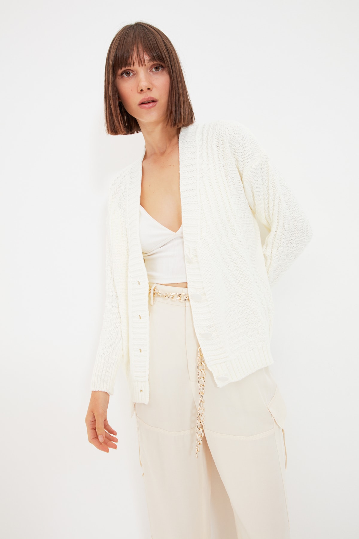 Trendyol Ecru Buttoned Knitwear Cardigan