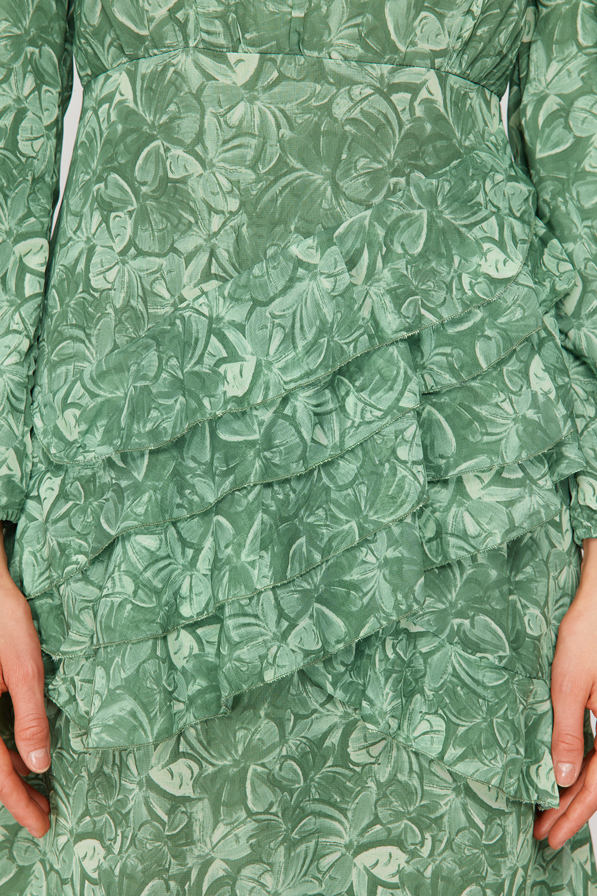 Trendyol Khaki Floral Skirt Frilly Lined Woven Chiffon Dress