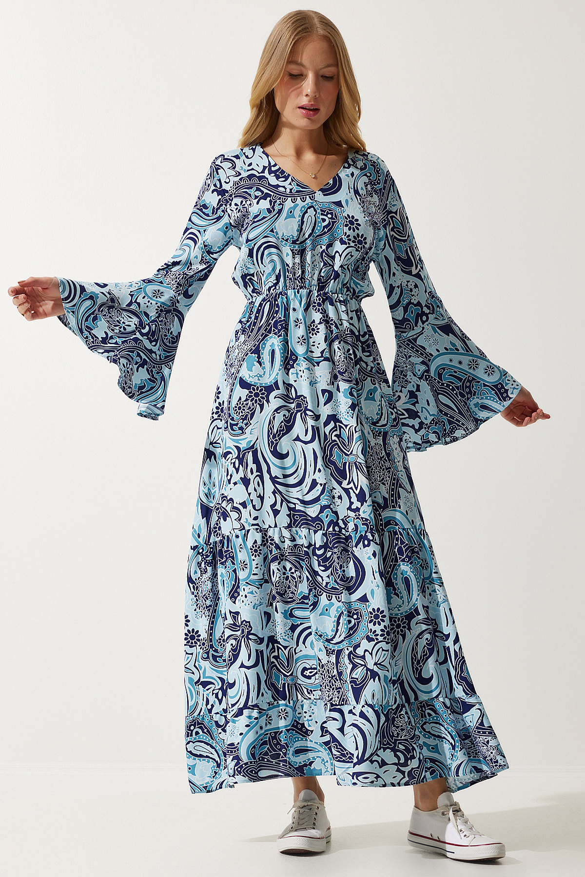 Levně Happiness İstanbul Women's Sky Blue Patterned Summer Viscose Dress