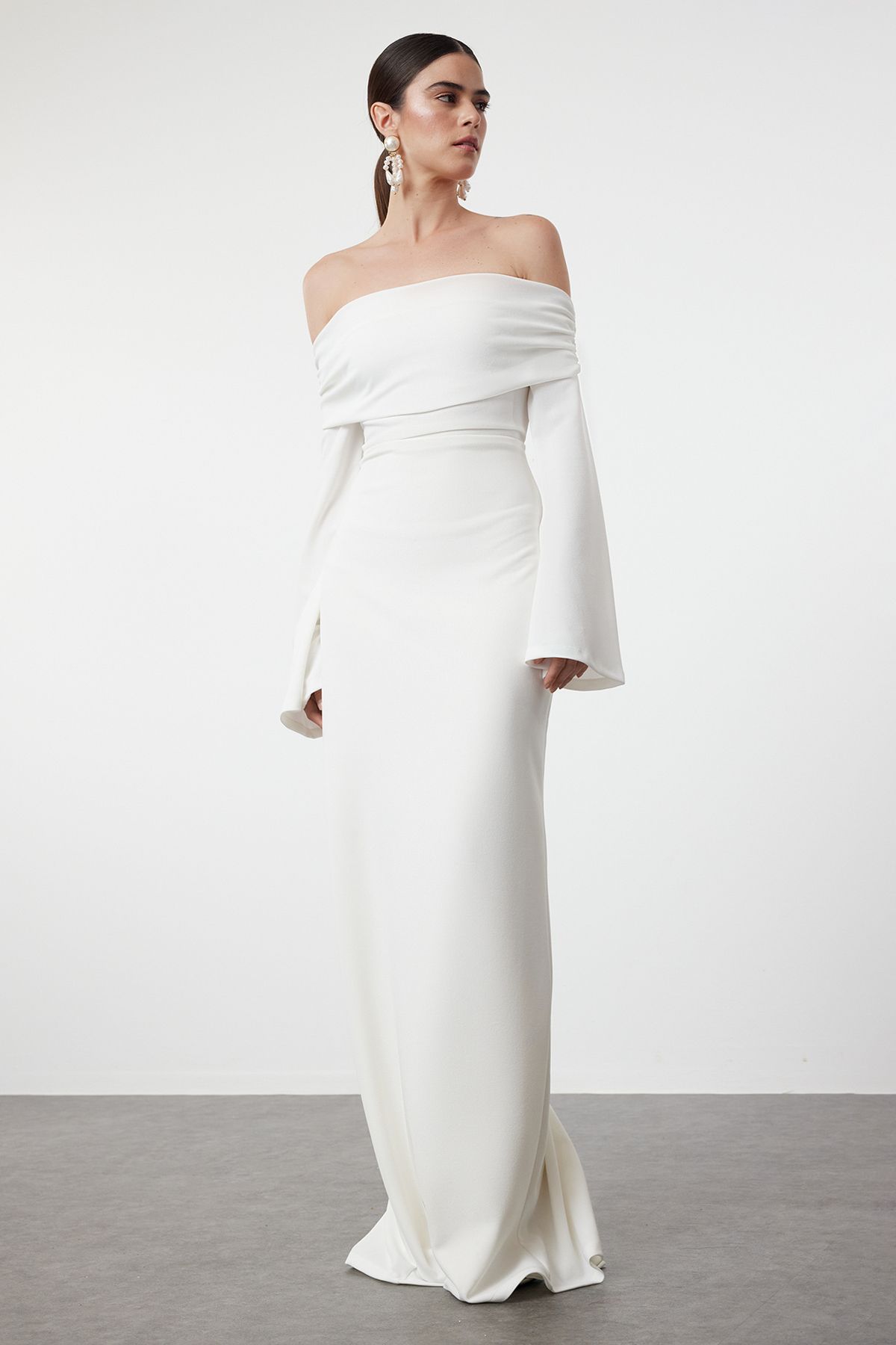 Trendyol White Carmen Collar Knitted Long Evening Evening Dress