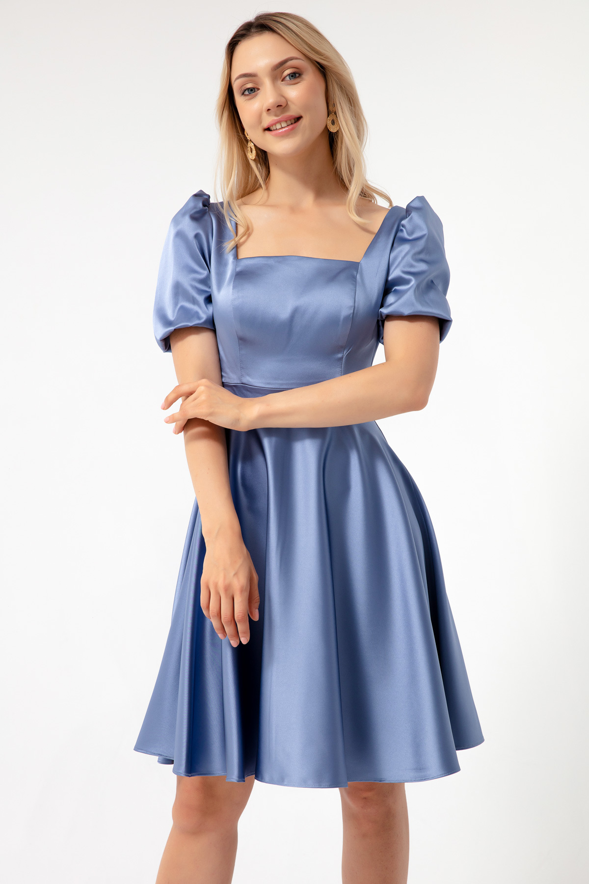 Lafaba Women's Indigo Balloon Sleeve Flared Cut Midi Satin Evening Dress