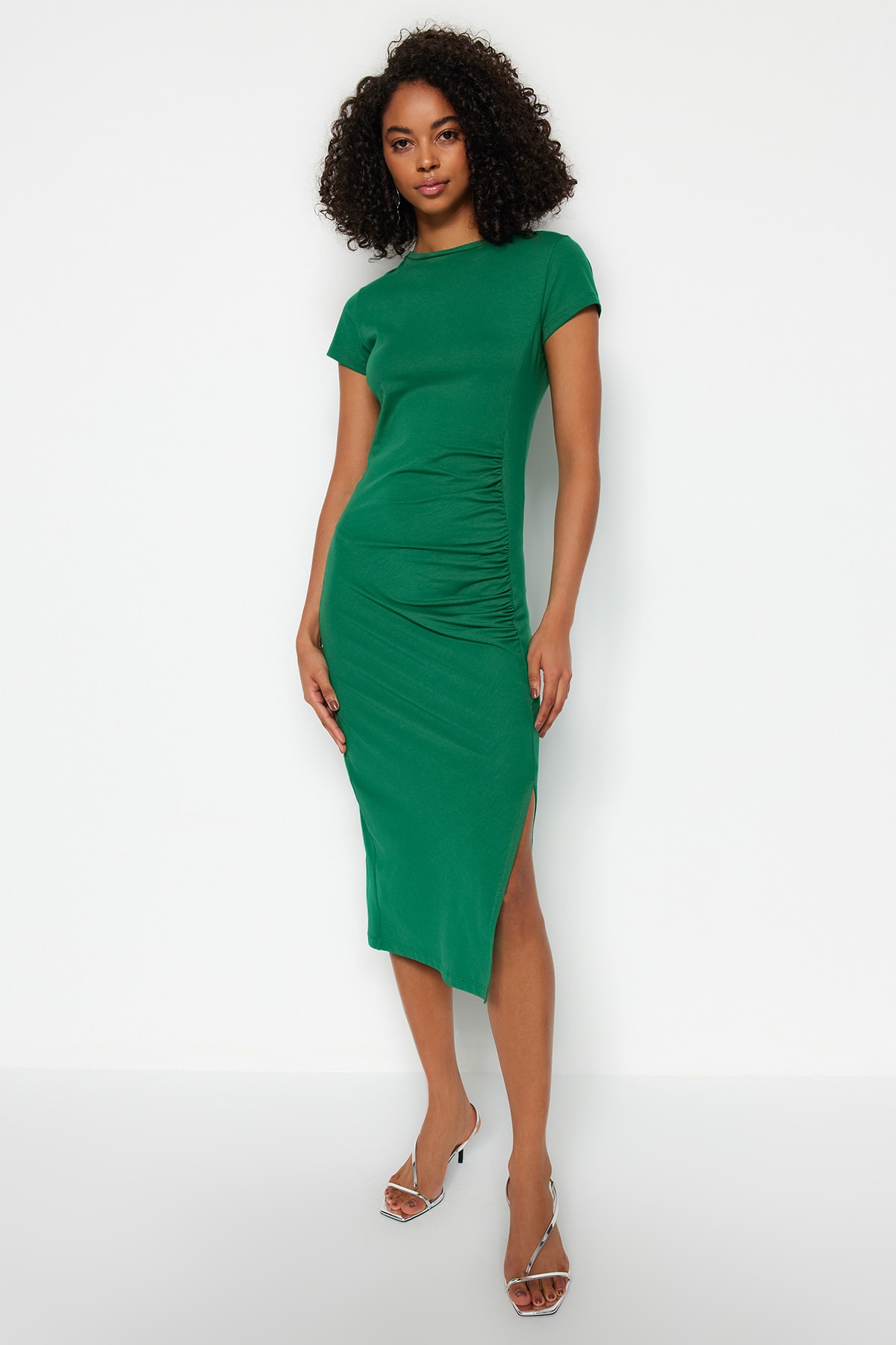 Trendyol Green Knitted Dress with Ruffles and Slits Detailed