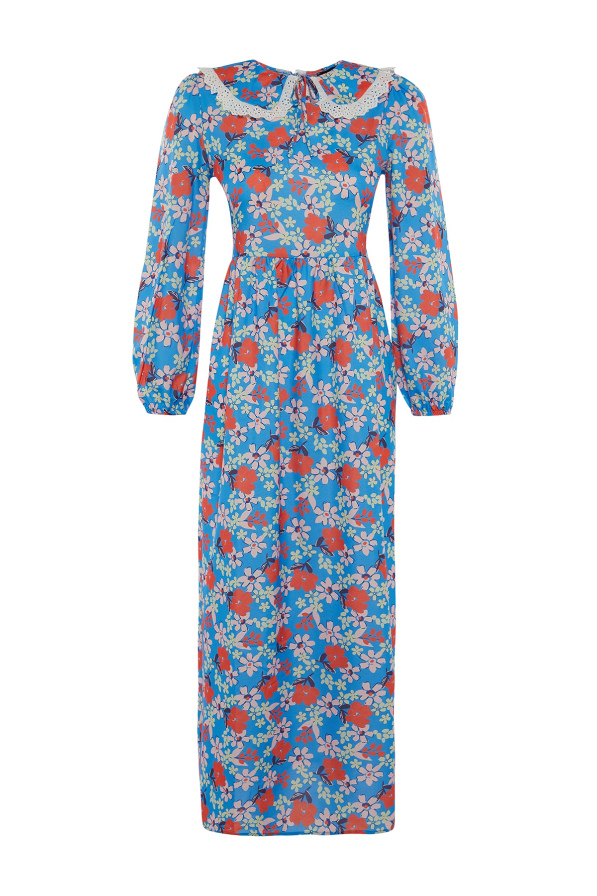 Trendyol Blue Baby Collar Floral Pattern Woven Dress