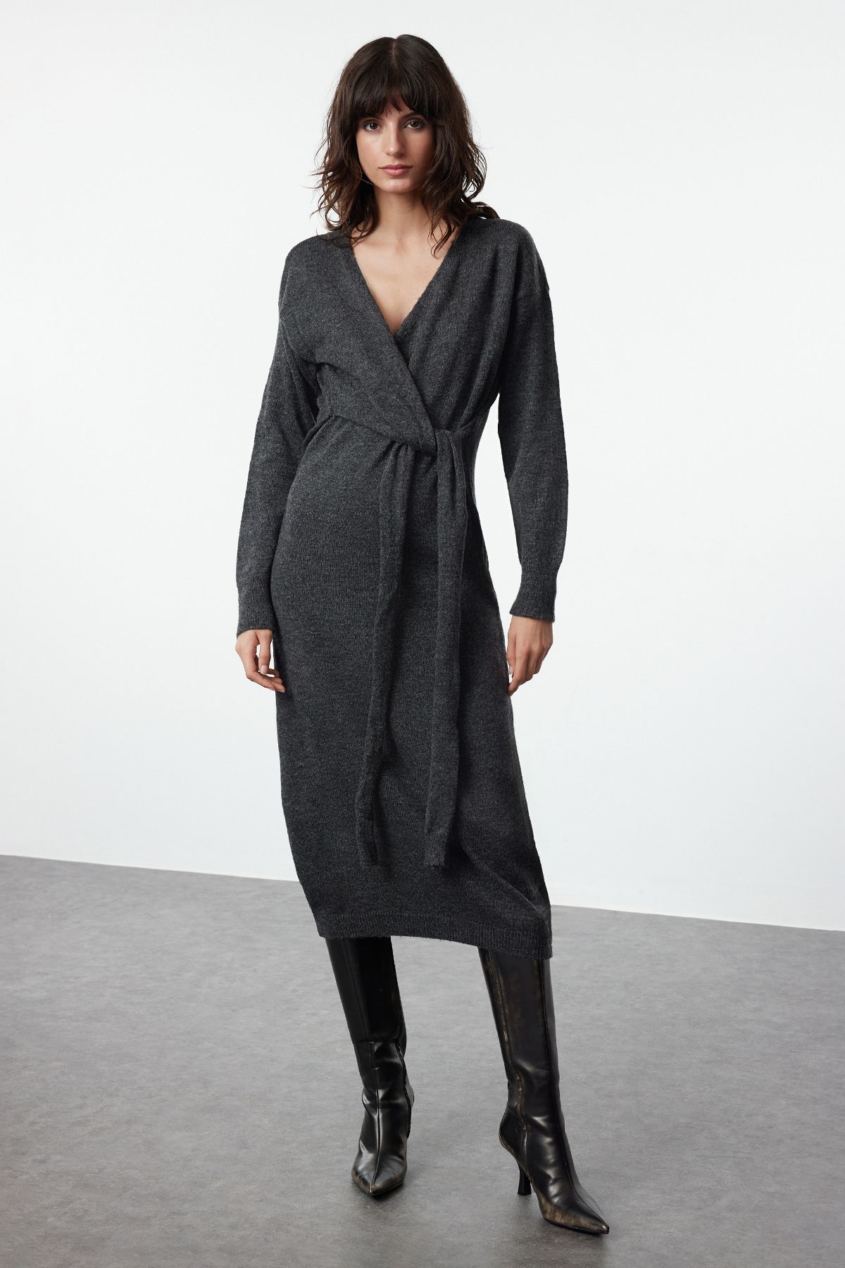 Trendyol Anthracite Soft Texture Maxi Knit Double Breasted Collar Tie Dress