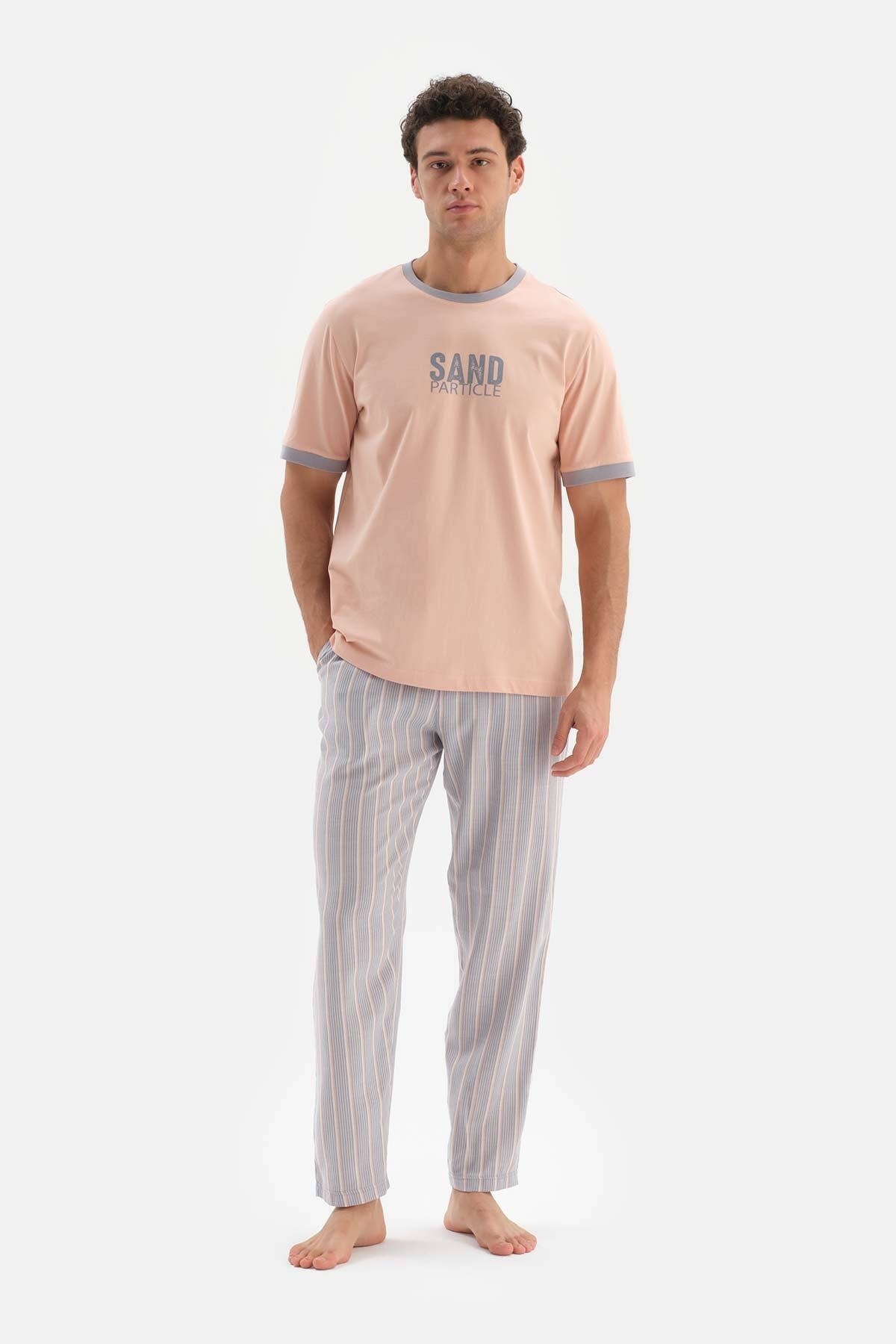 Dagi Salmon Printed Top Striped Woven Bottom Pajamas Set