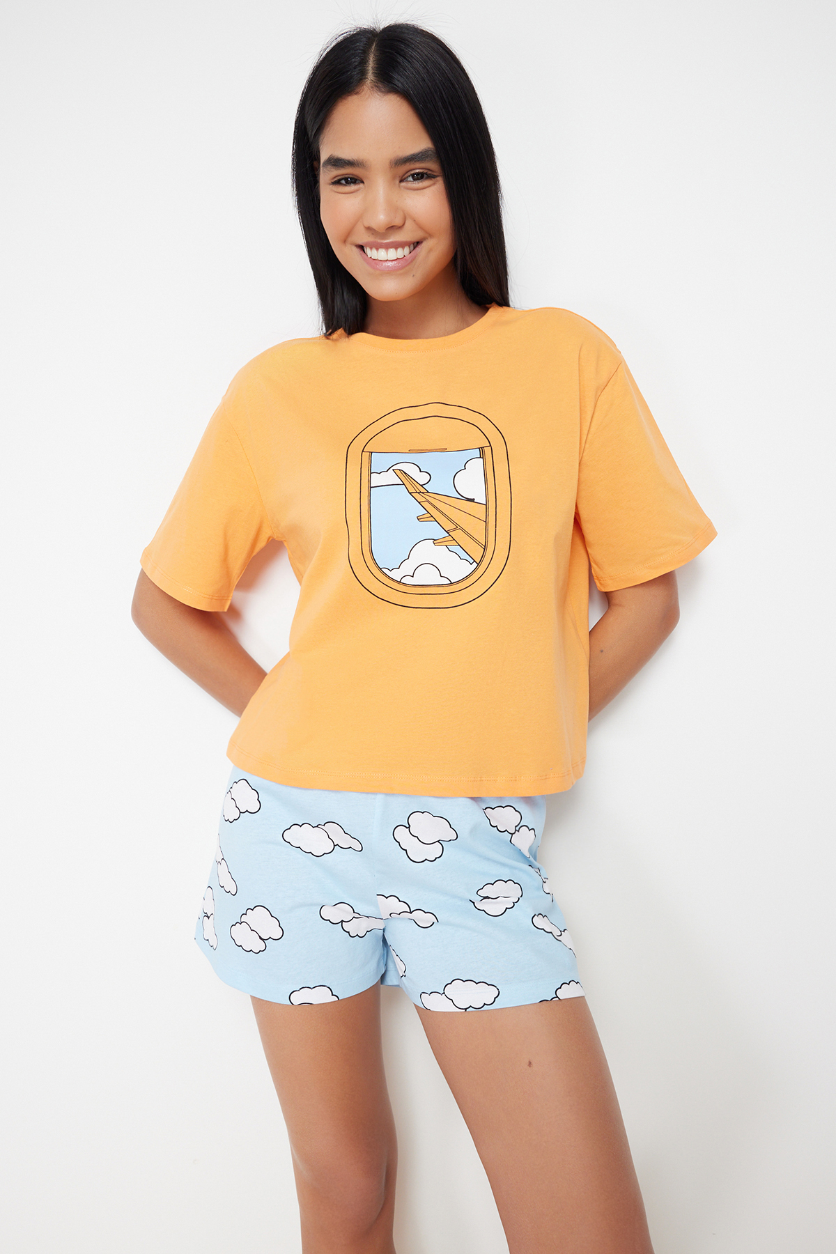 Levně Trendyol Orange 100% Cotton Cloud Patterned Tshirt-Shorts Knitted Pajama Set