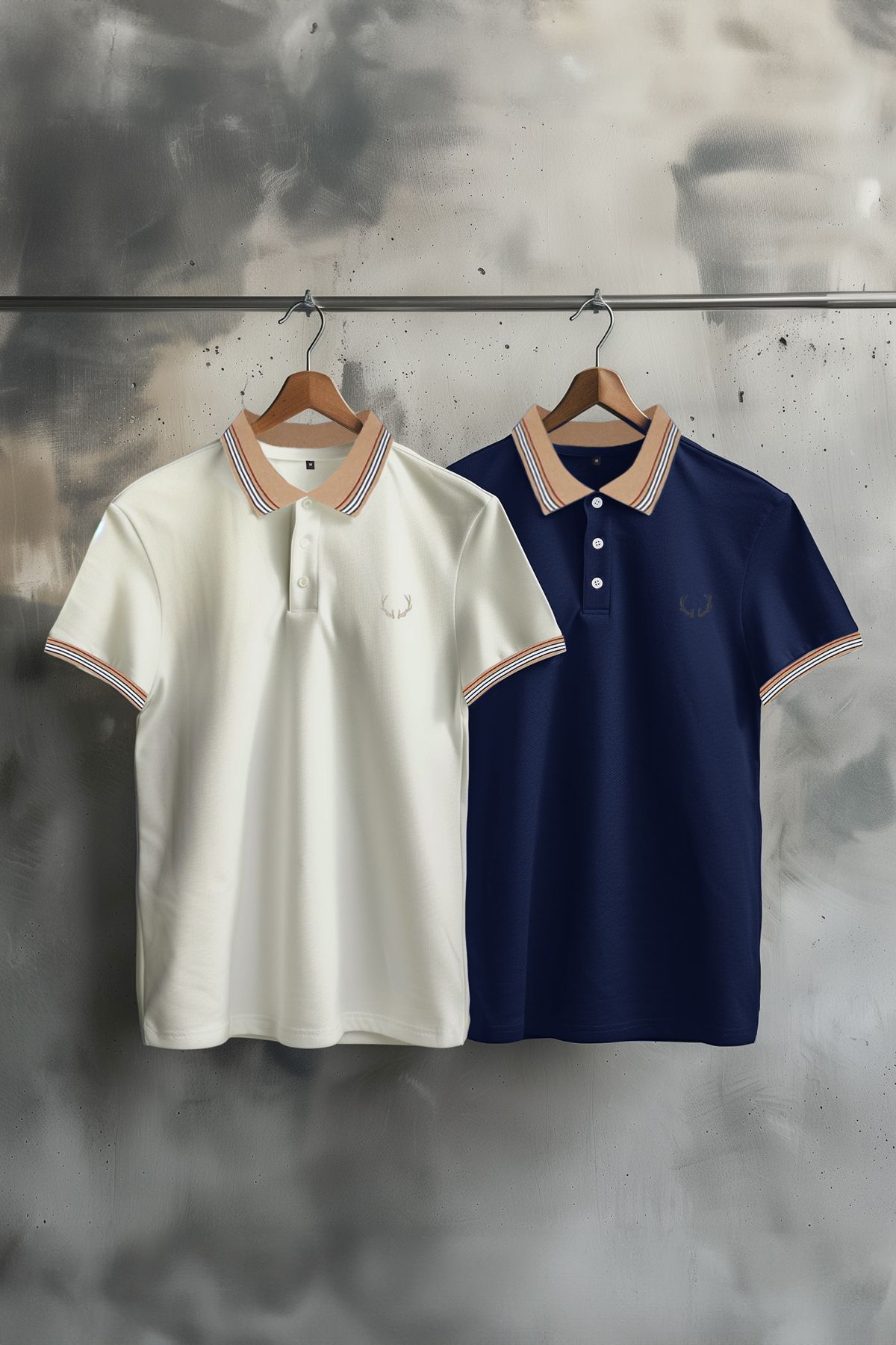 Trendyol Navy Blue-White 2 Pack Slim/Slim Cut Deer Embroidered 100% Cotton Polo Collar T-Shirt