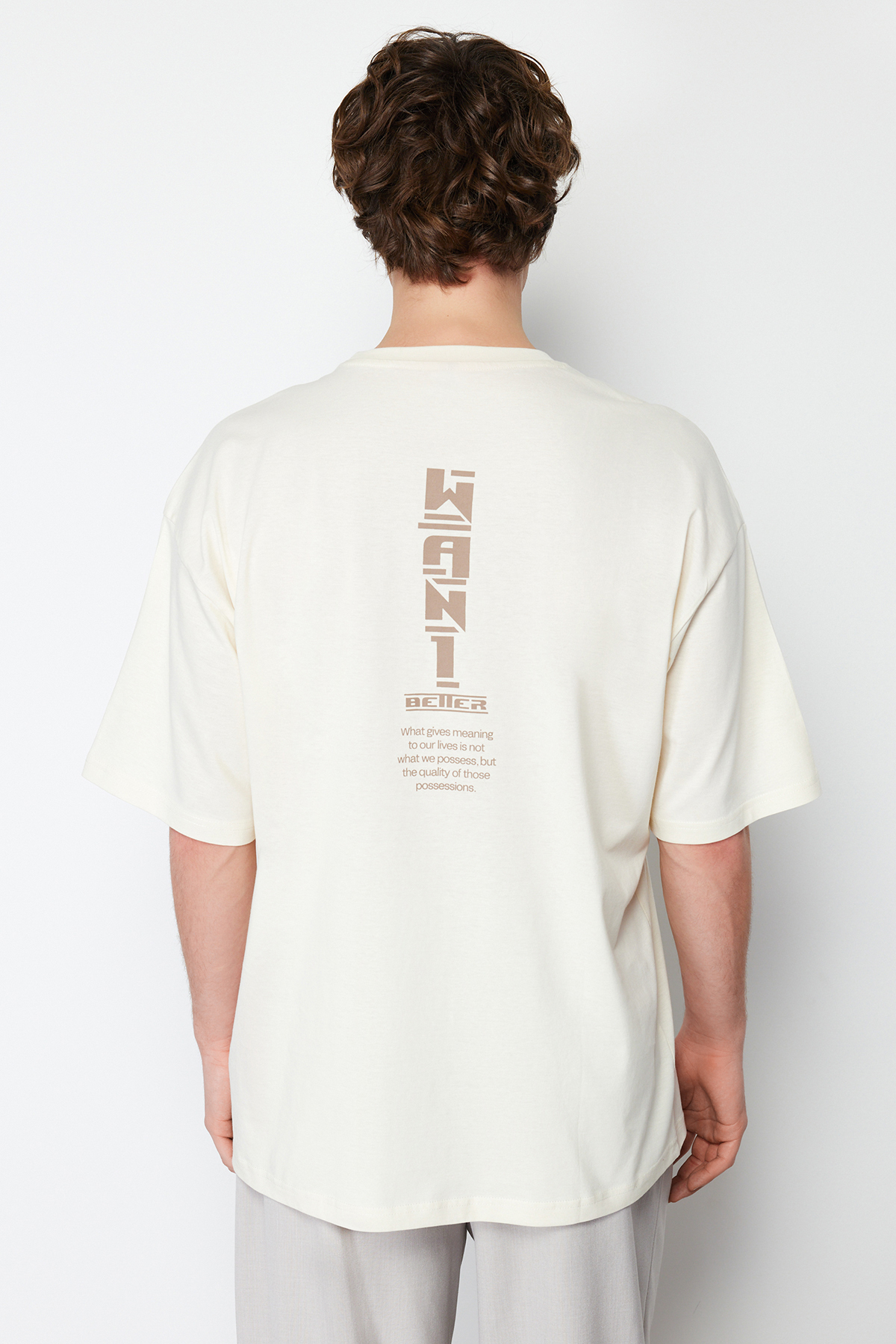 Levně Trendyol Stone Oversize/Wide Cut Text Back Printed 100% Cotton T-shirt