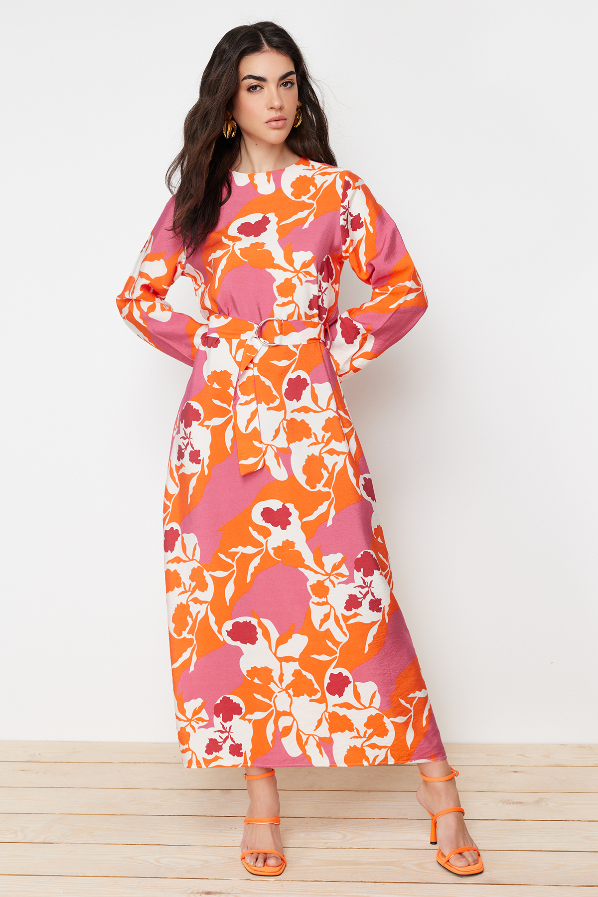 Trendyol Pink Belted Floral Woven Dress