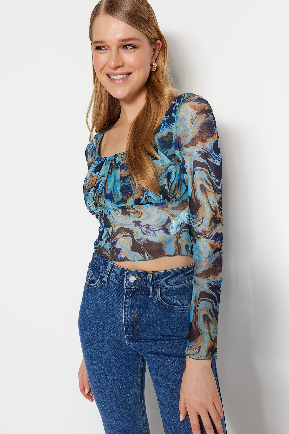 Trendyol Blue Patterned Fitted Crop Tulle Stretchy Knitted Blouse