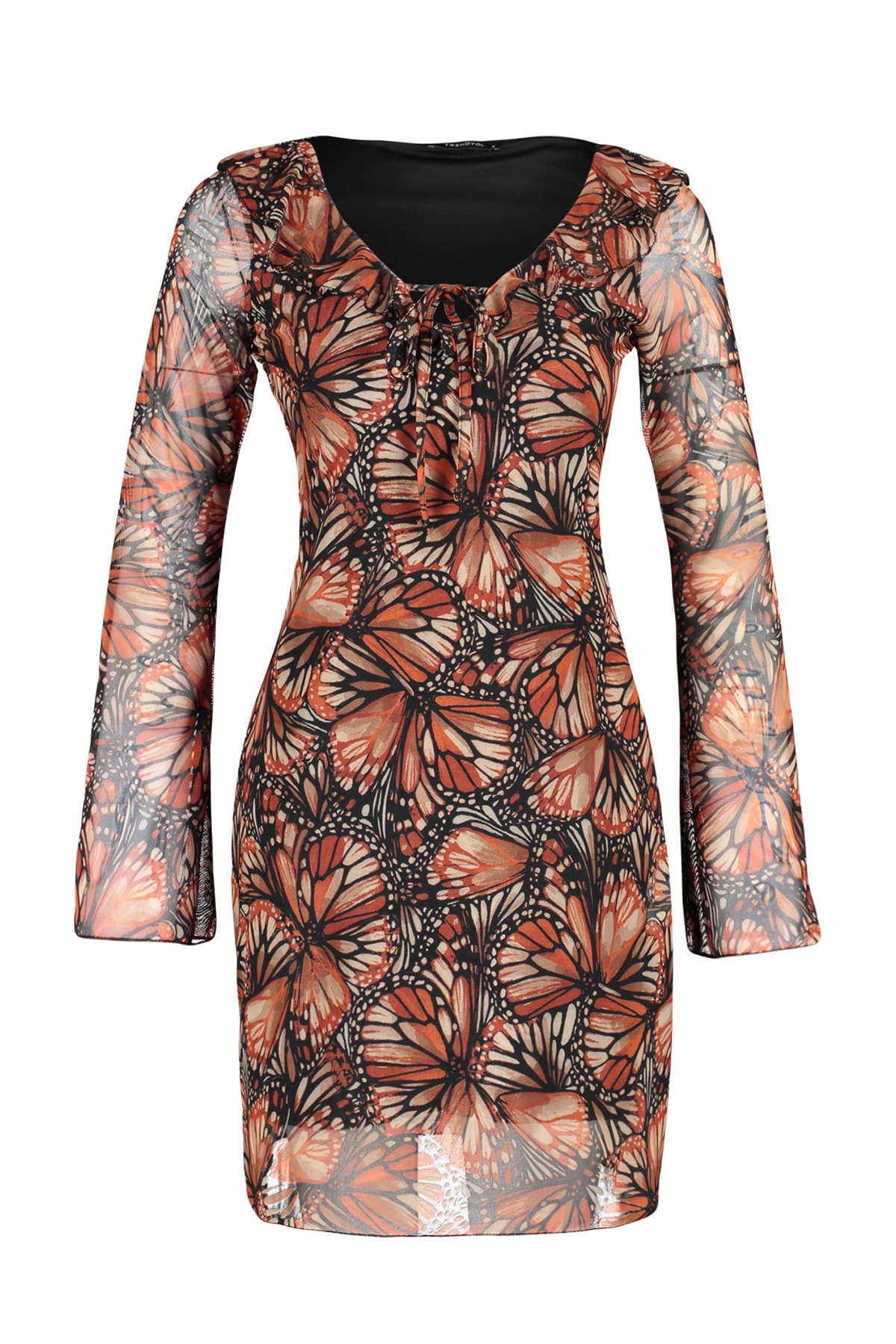 Rochie mini patinatoare cu imprimeu maro Trendyol Brown Tulle/Rochie tricotată în talie cu detaliu cravată