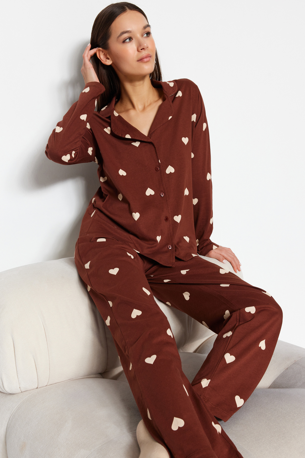 Trendyol Brown 100% Cotton Heart Patterned Shirt-Pants Knitted Pajamas Set