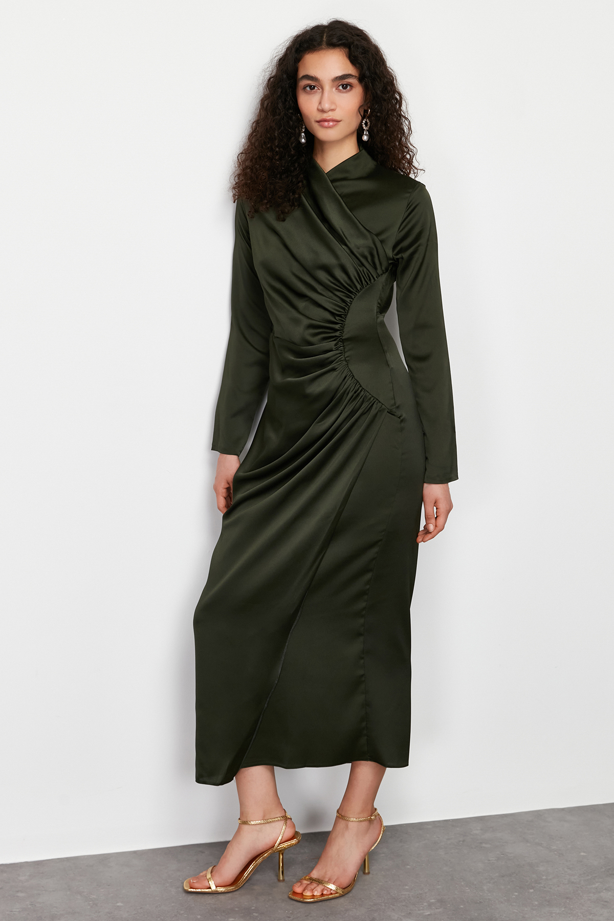 Trendyol Khaki Ruffle Detailed Woven Satin Evening Dress