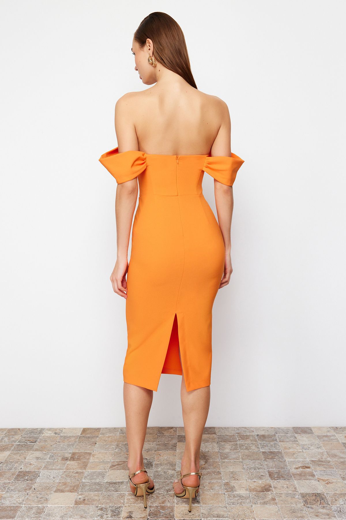 Trendyol Orange Fitted Corset Detailed Woven Elegant Evening Dress