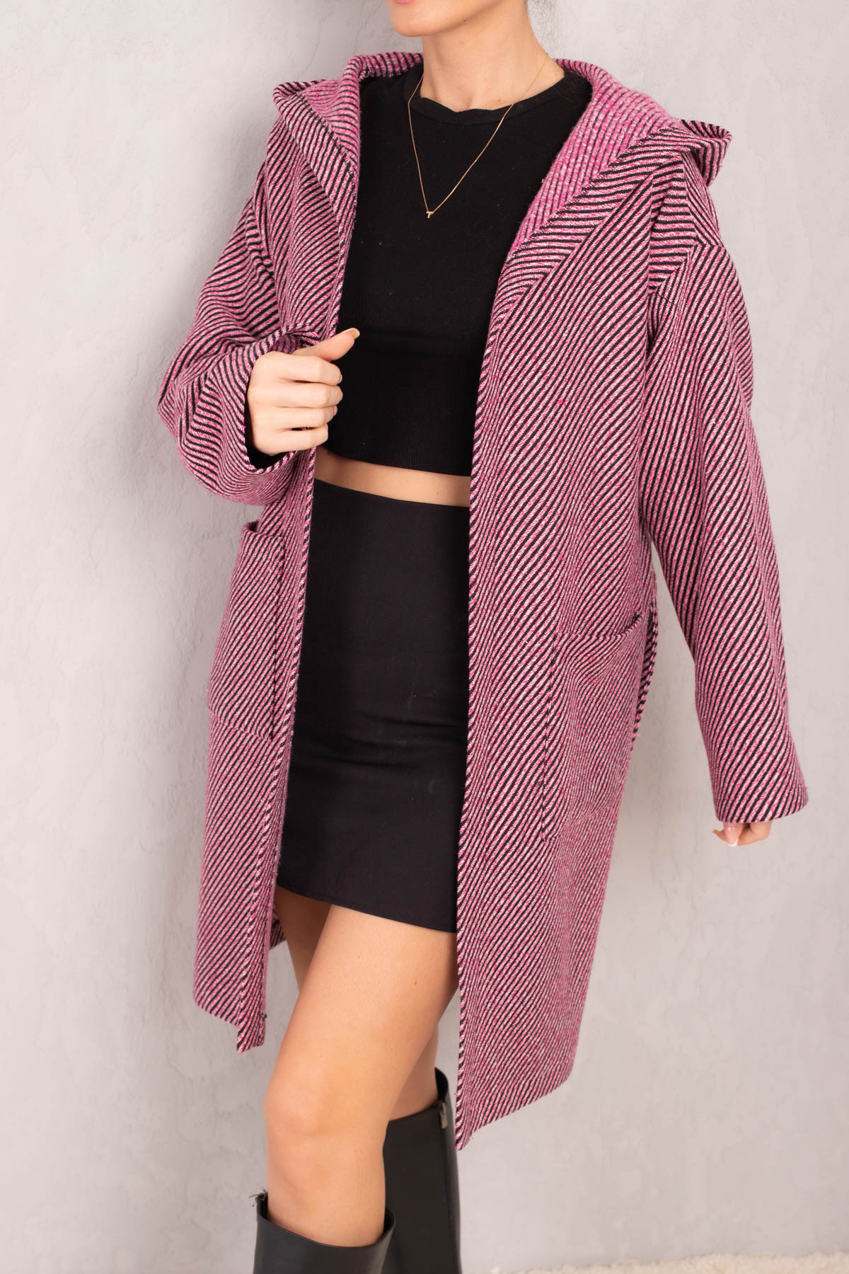 Levně armonika Women's Pink Waist Belted Pocket Hooded Oversize Cachet Coat