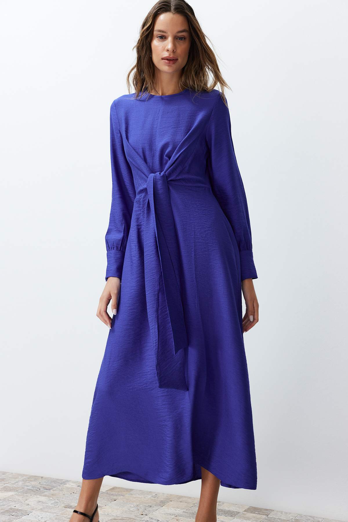 Trendyol Saxe Blue Waist Tie Detail Woven Dress