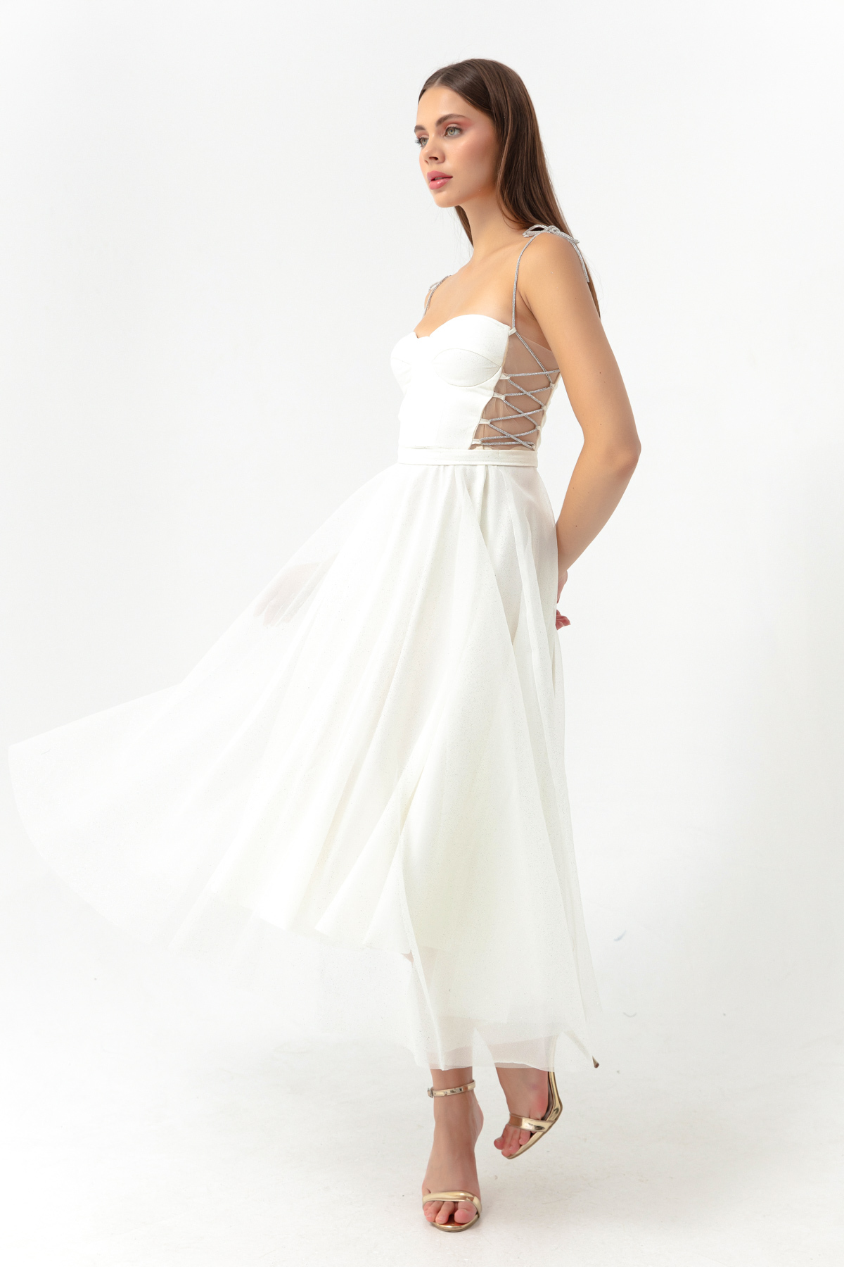 Lafaba Women's White Stone Straps, Flare Cut Midi Evening Dress