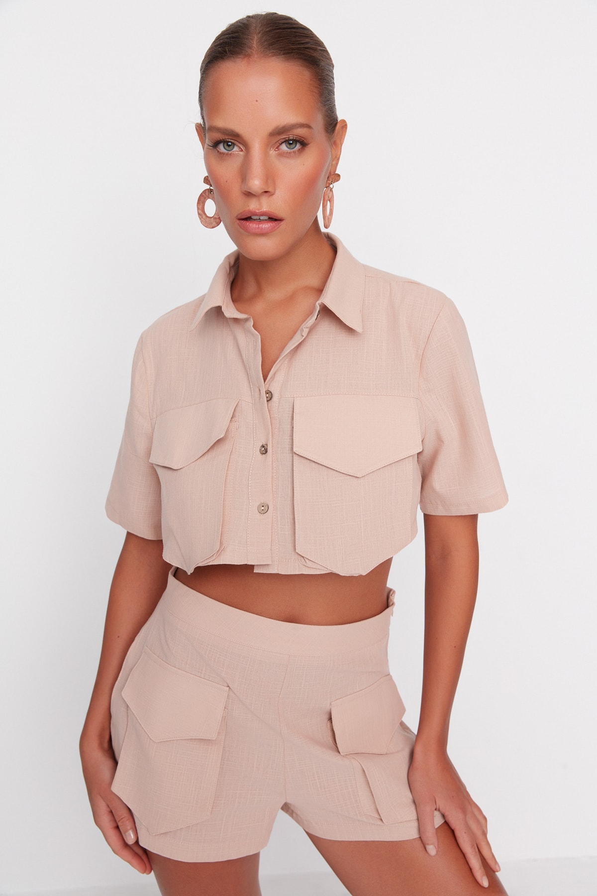 Trendyol Beige Woven 100% Cotton Shirt and Shorts Set With Pocket