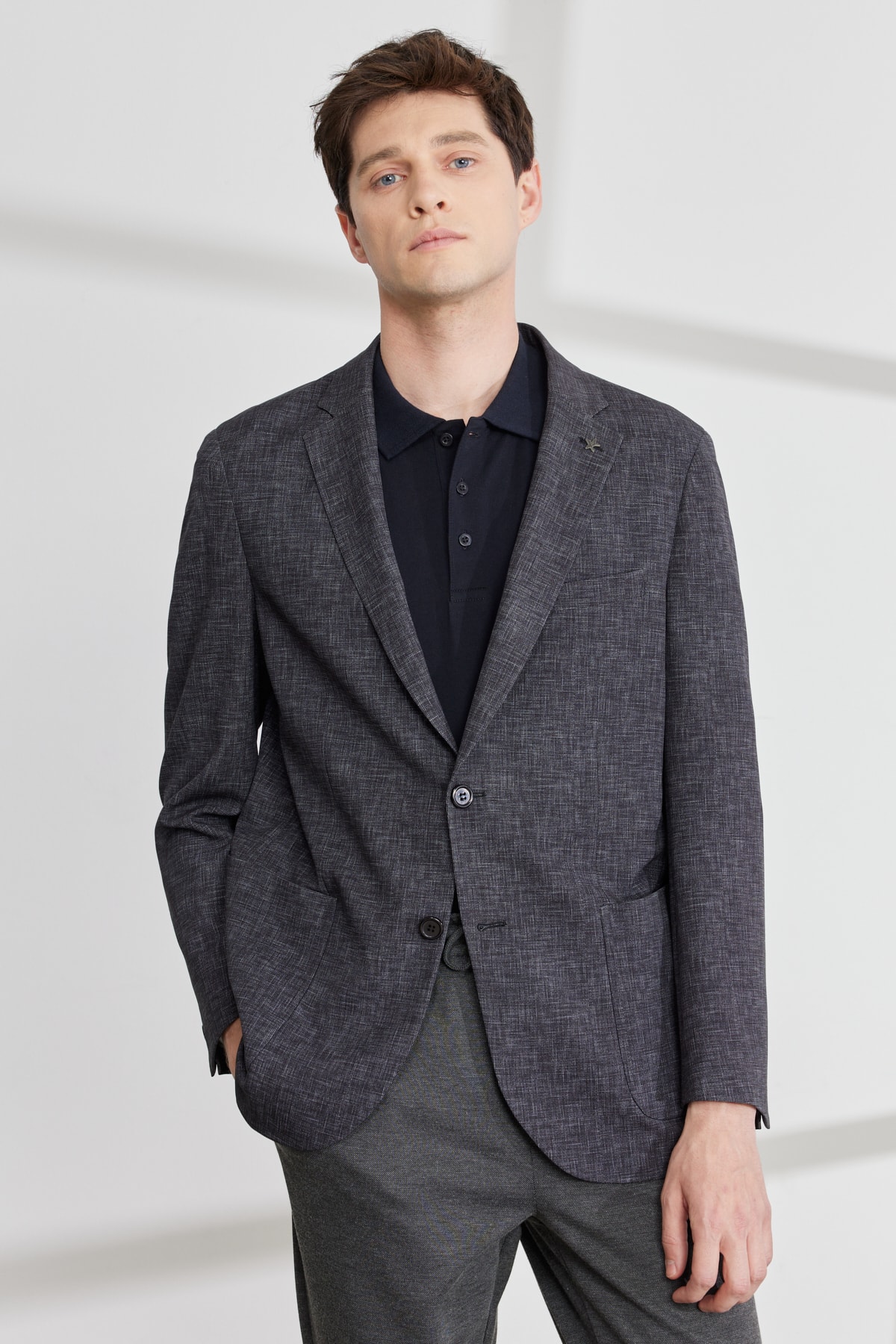 Levně ALTINYILDIZ CLASSICS Men's Black-gray Comfort Fit Relaxed Cut Mono Collar Magic Blazer Jacket
