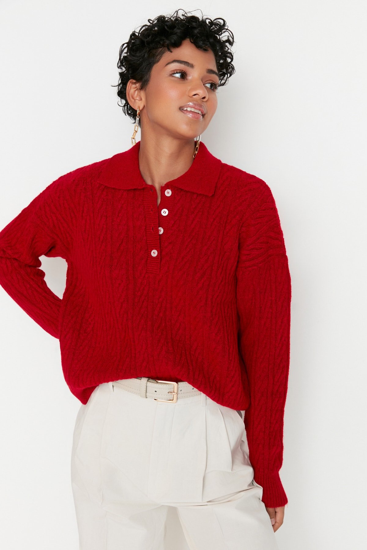 Levně Trendyol Red Wide Fit Měkký texturovaný pletený svetr