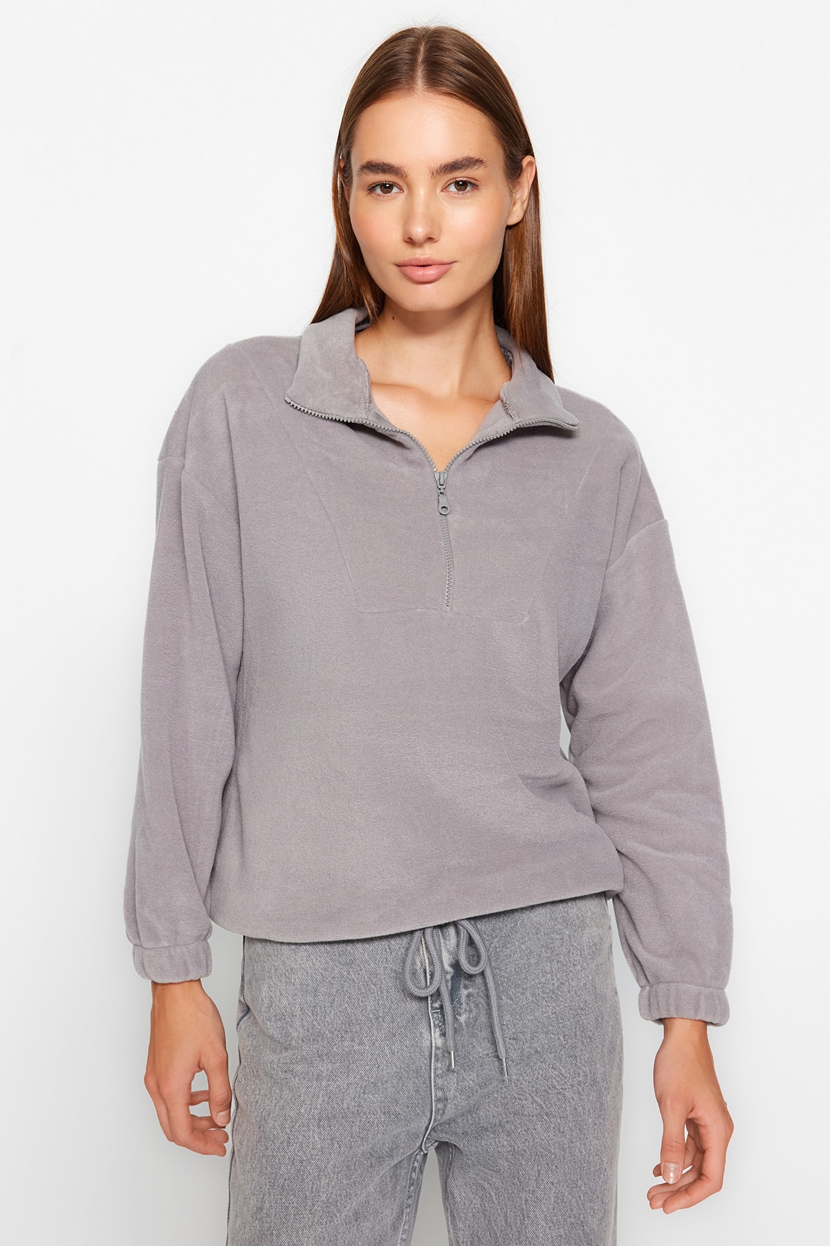 Levně Trendyol Gray Zipper Detailed Knitted Sweatshirt