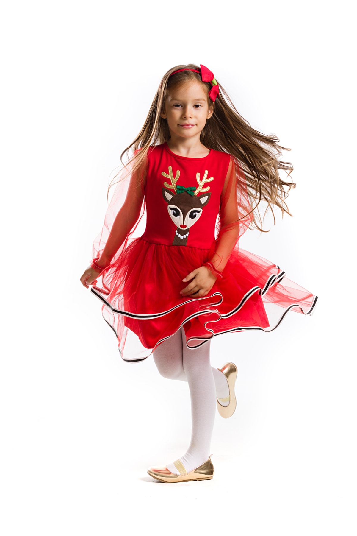 Levně Denokids Tulle Girl Deer Red Christmas Tutu Dress