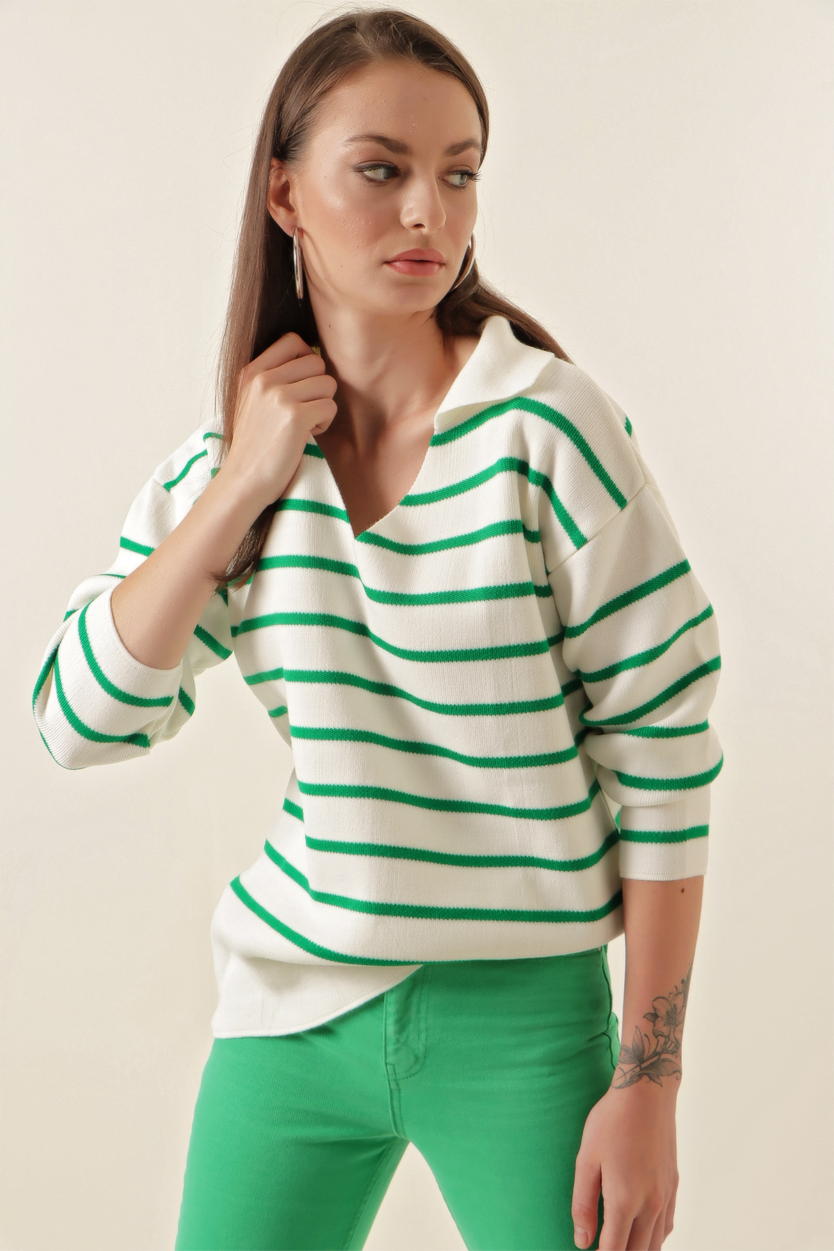 Pulover oversize cu dungi Bigdart 15778 - Verde