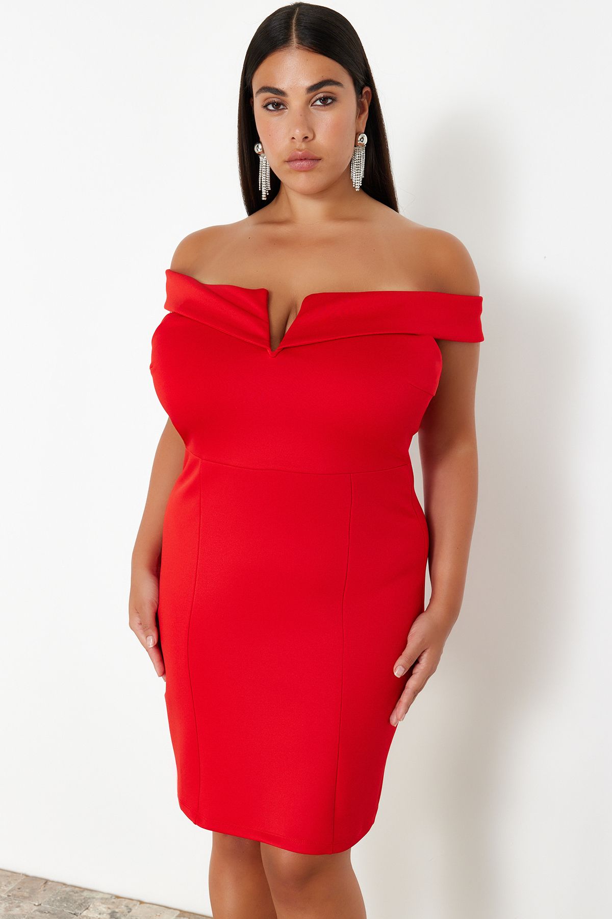 Trendyol Curve Red Diving/Scuba Knitted Plus Size Dress