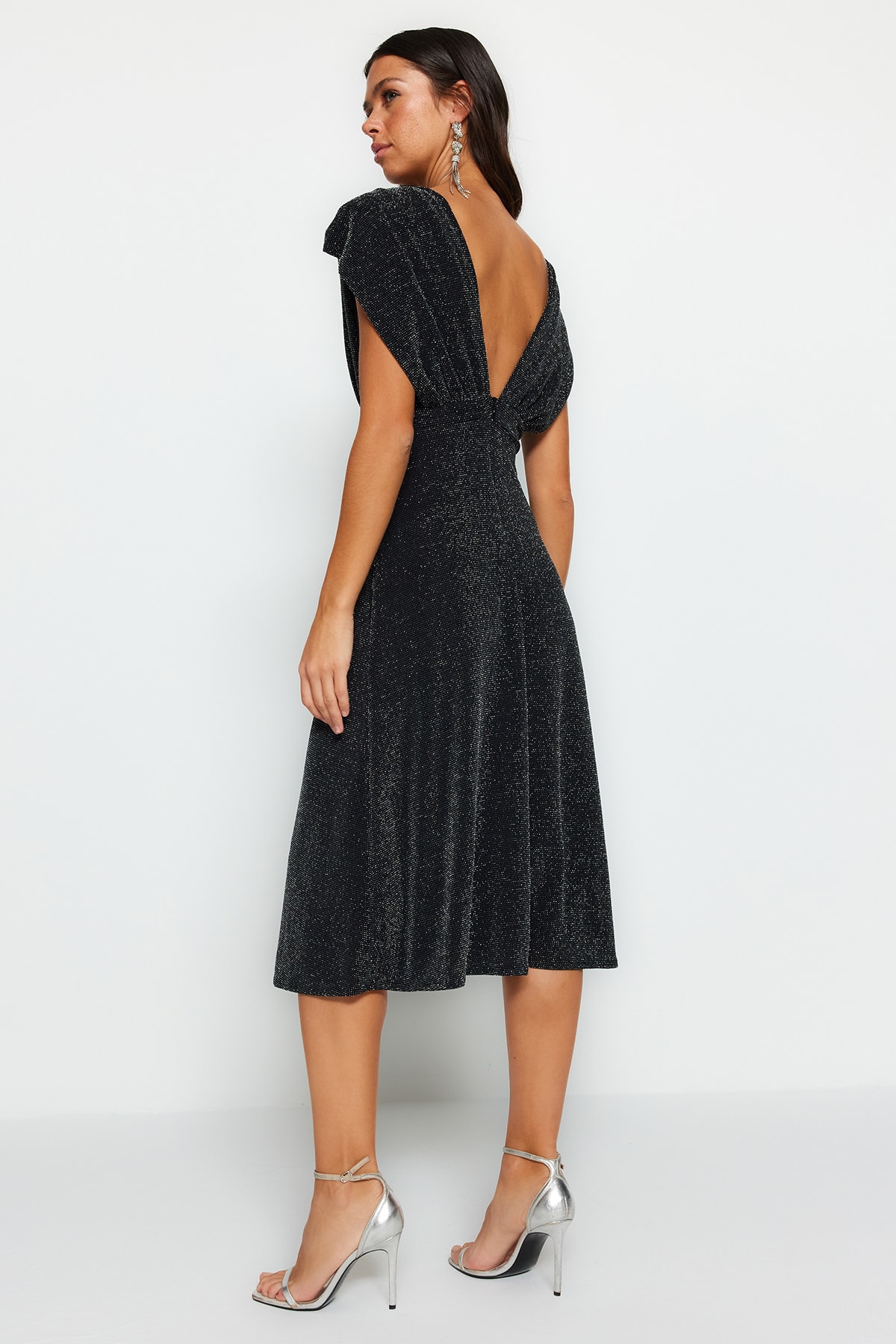 Trendyol Antracit talie deschisă / patinator căptușit rochie de seară strălucitoare elegantă