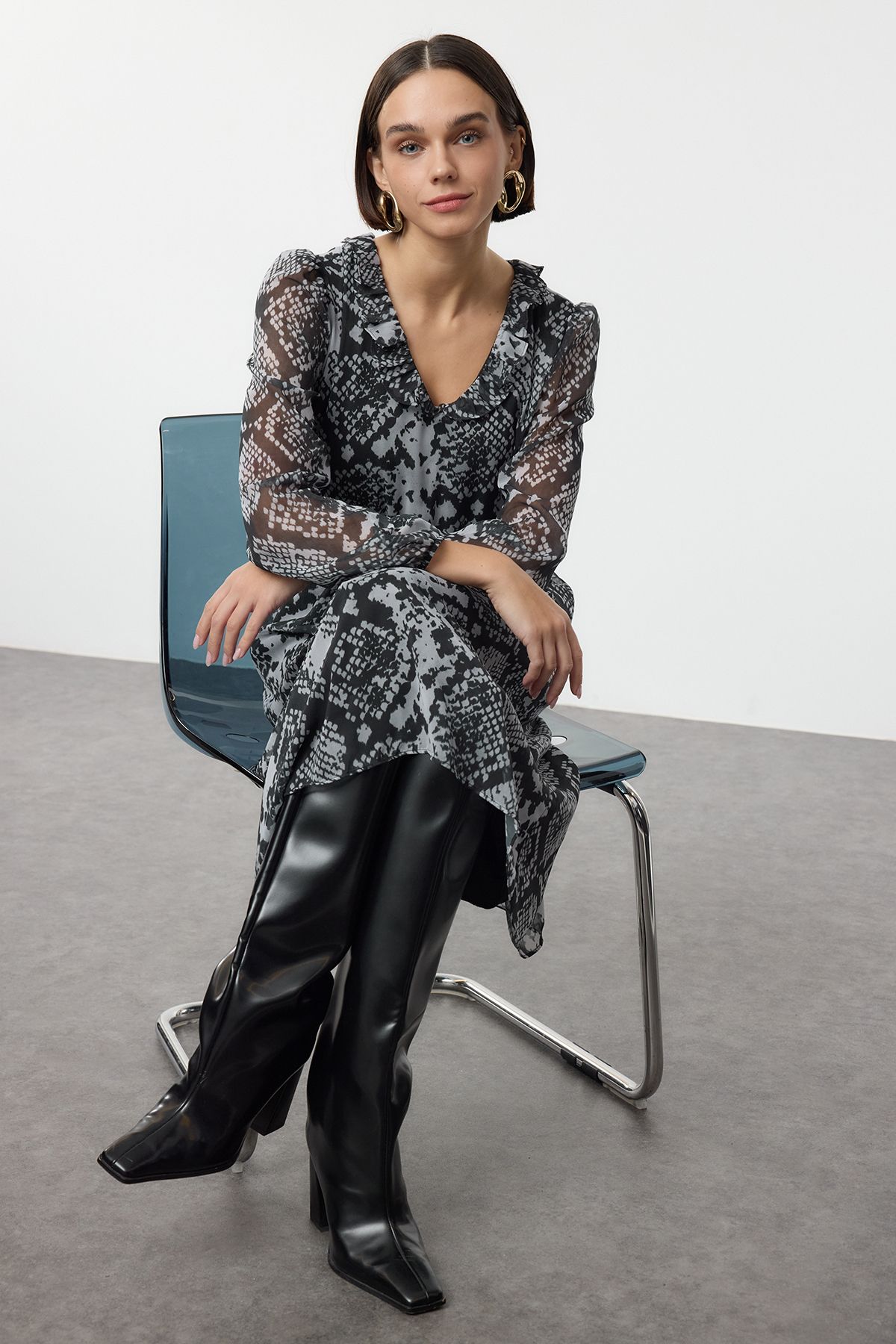 Trendyol Black Animal Belted Midi Woven Dress