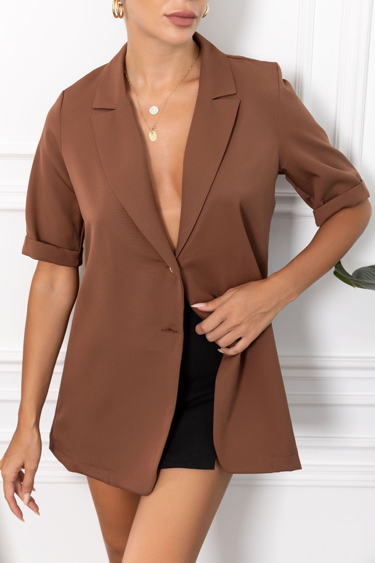 Levně armonika Women's Brown Short Sleeve Two Buttoned Oversize Jacket