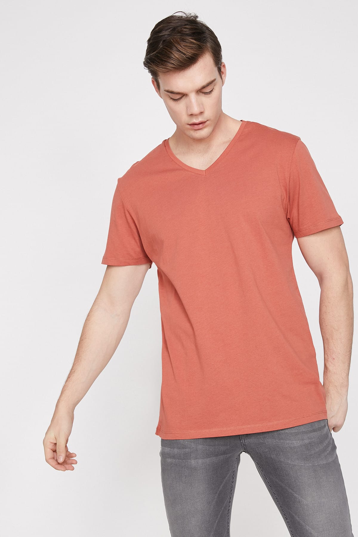 Koton Men's Red V-Neck T-Shirt image.