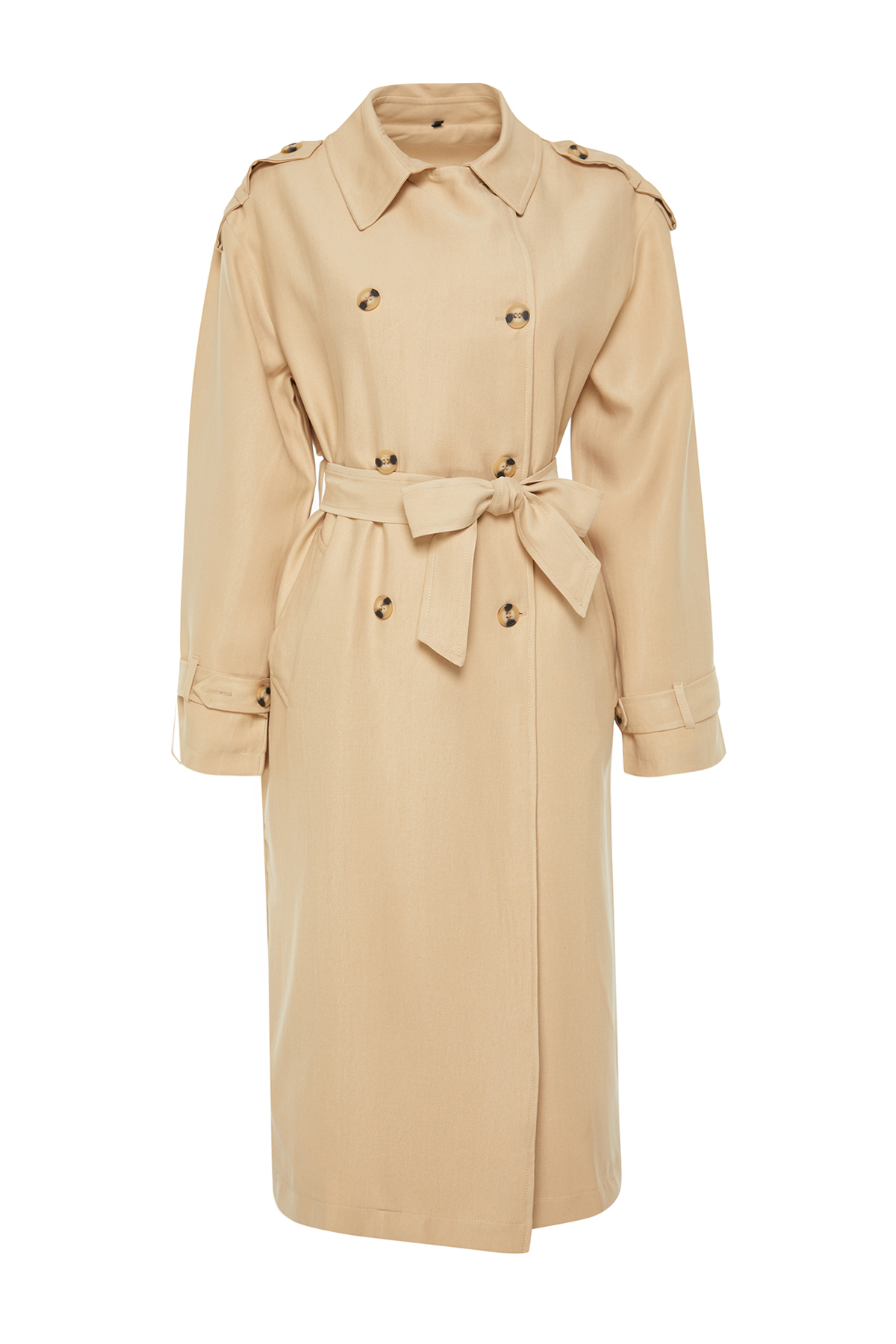 Trendyol Beige Oversize Wide Fit Soft Textured Long Trench Coat with Belt
