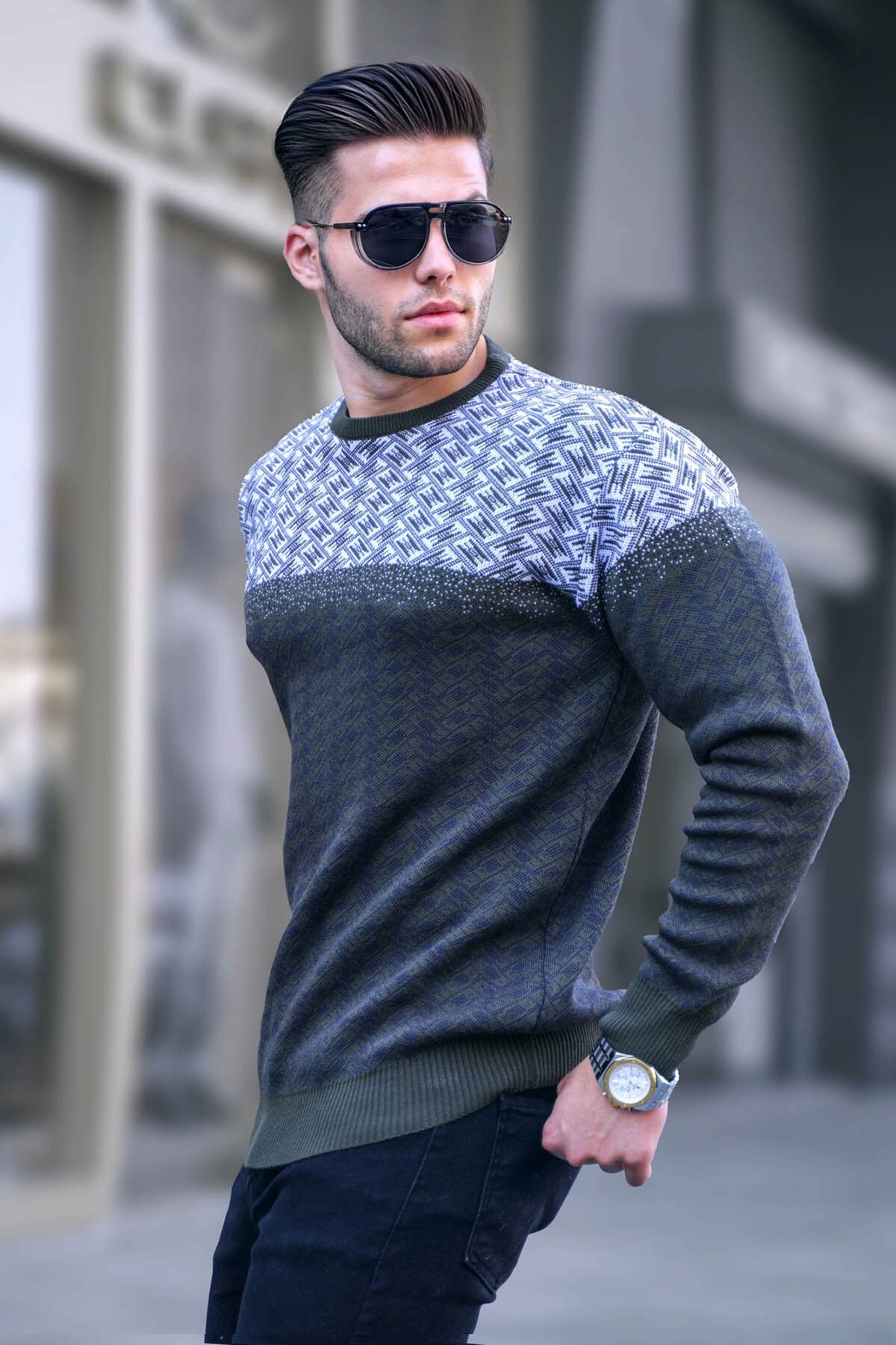Levně Madmext Khaki Patterned Men's Knitted Sweater 5977