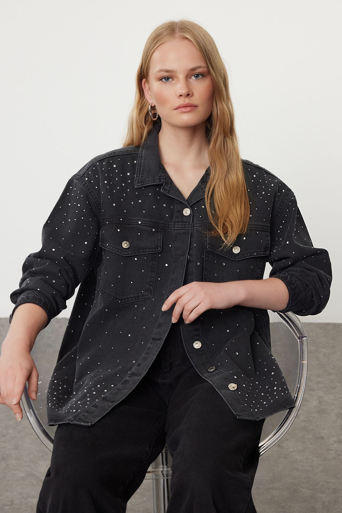 Trendyol Black Stone Detailed Oversize Denim Shirt Jacket