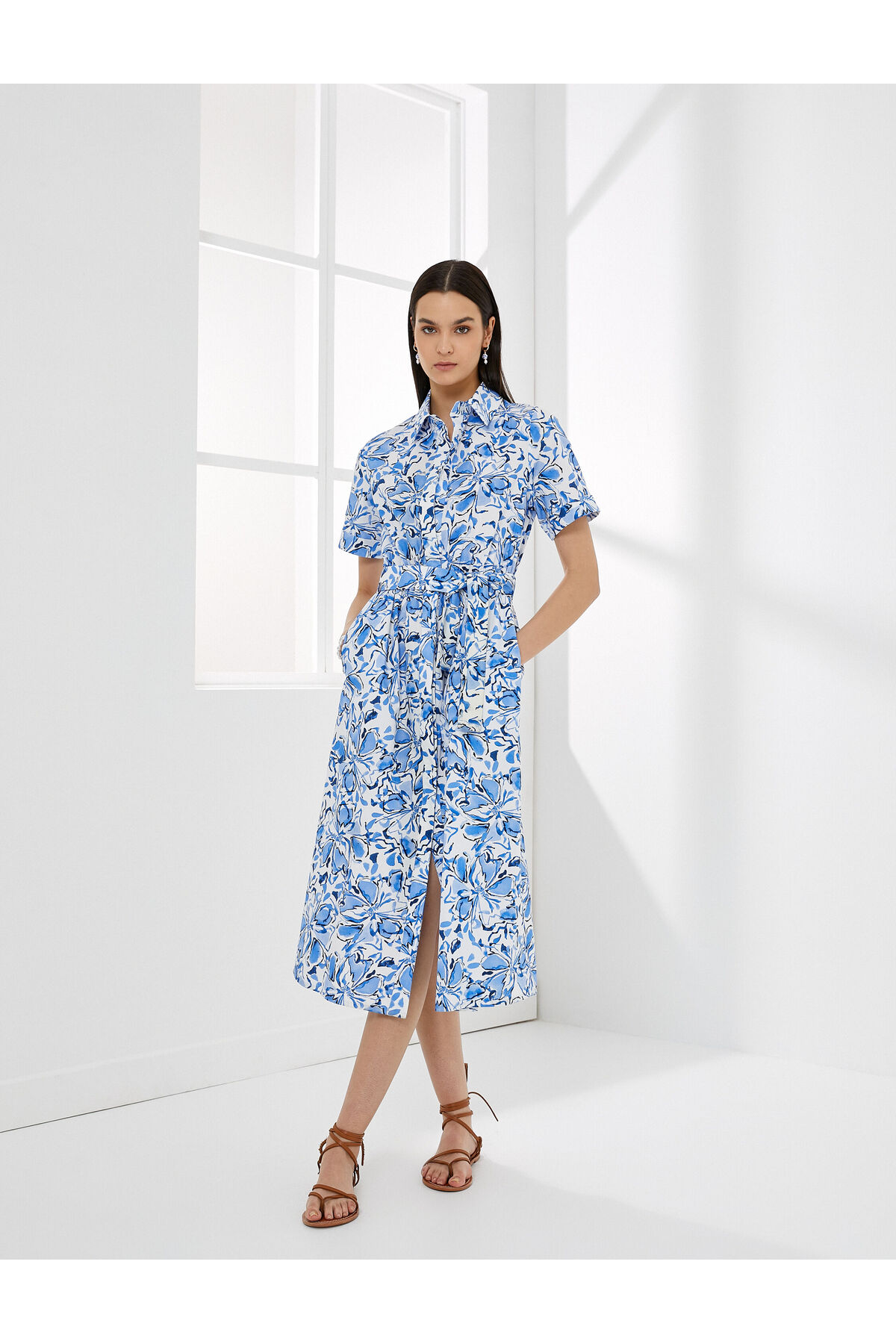 Koton Floral Shirt Dress Midi Buttoned Belted Short Sleeve