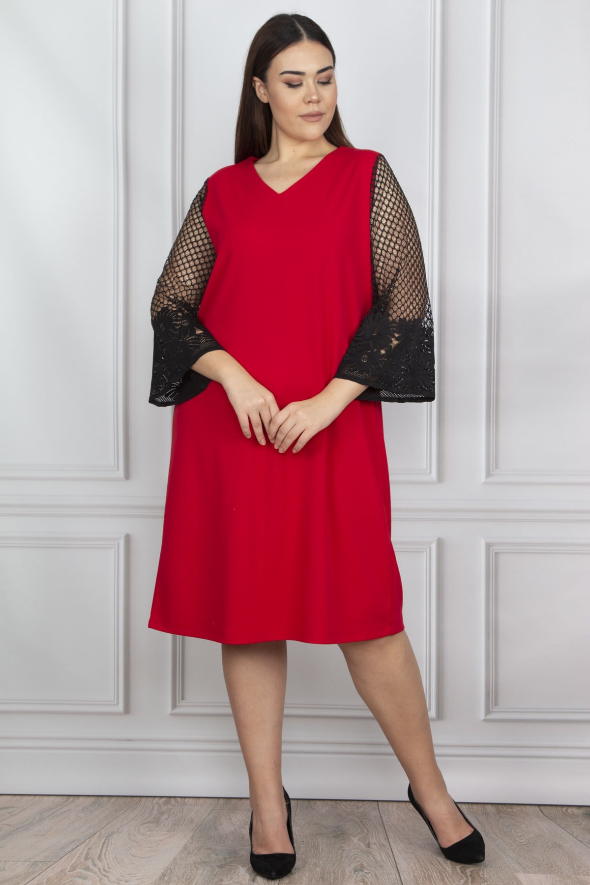 Şans Women's Plus Size Red Dress With Lace Detail