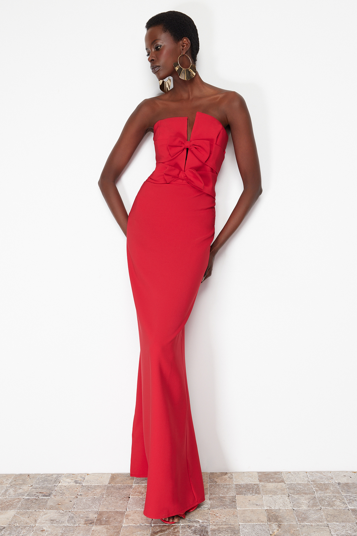 Trendyol Red Bow Detailed Long Evening Evening Dress